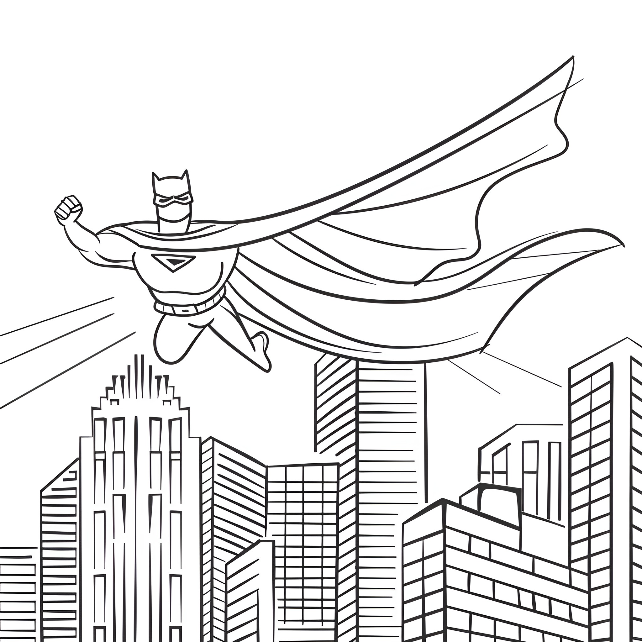 Superhero soaring over cityscape Drawing Idea (free black-and-white line drawing printable PDF for all, from beginners to advanced learners, including children, teens, adults, and seniors)