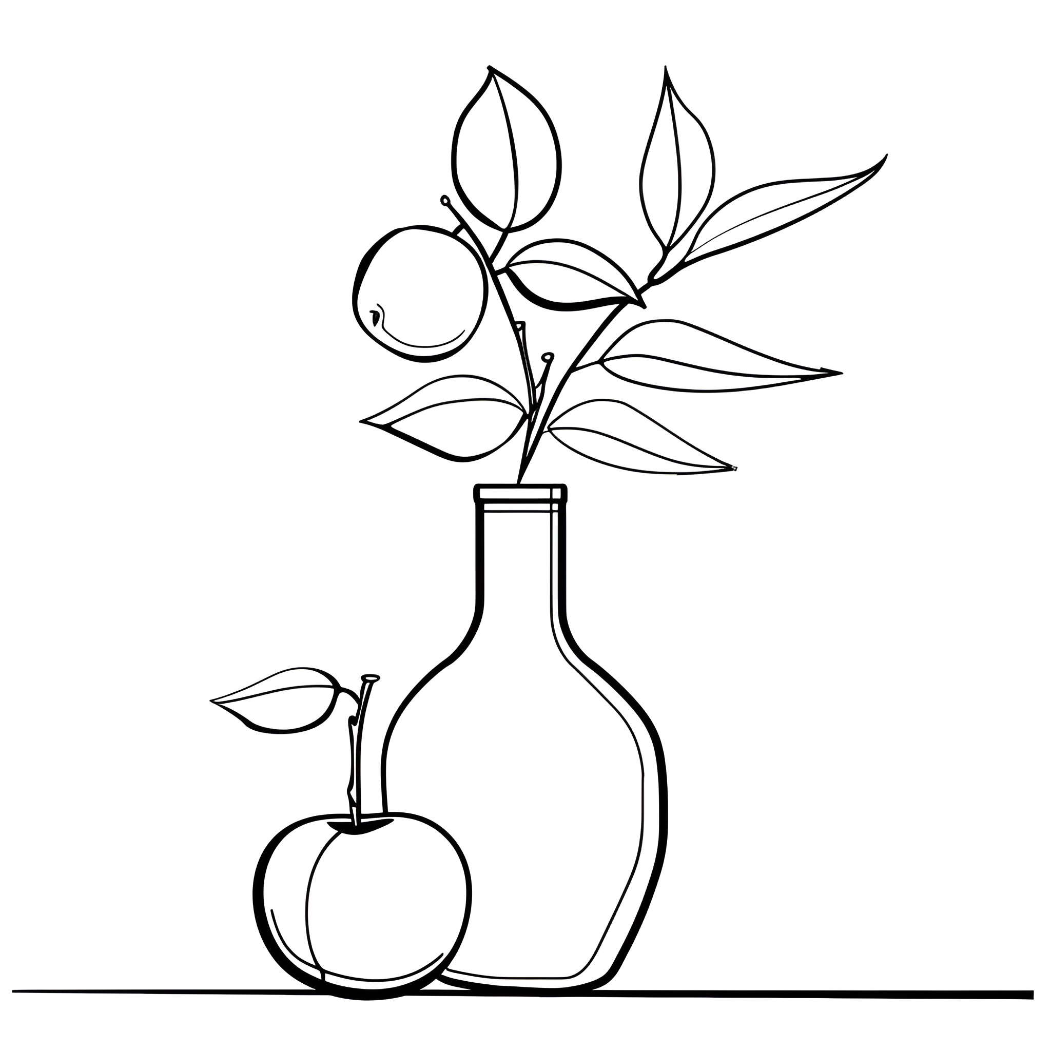 Still Life with Flowering Branches Drawing Idea (free black-and-white line drawing printable PDF for all, from beginners to advanced learners, including children, teens, adults, and seniors)