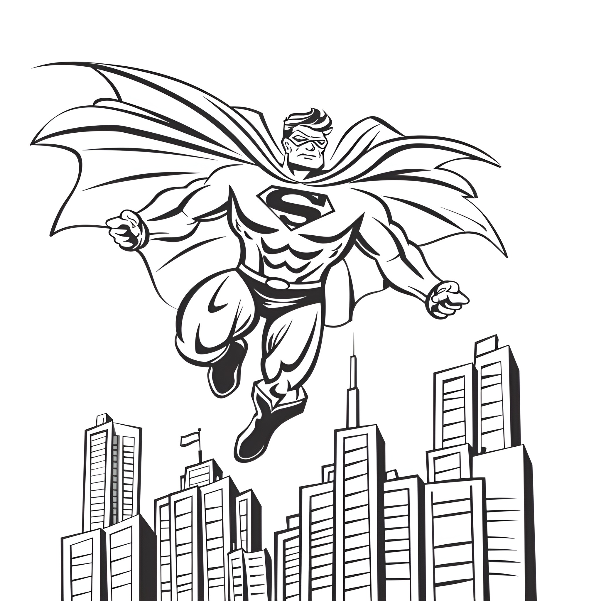 Superhero soaring over cityscape Drawing Idea (free black-and-white line drawing printable PDF for all, from beginners to advanced learners, including children, teens, adults, and seniors)