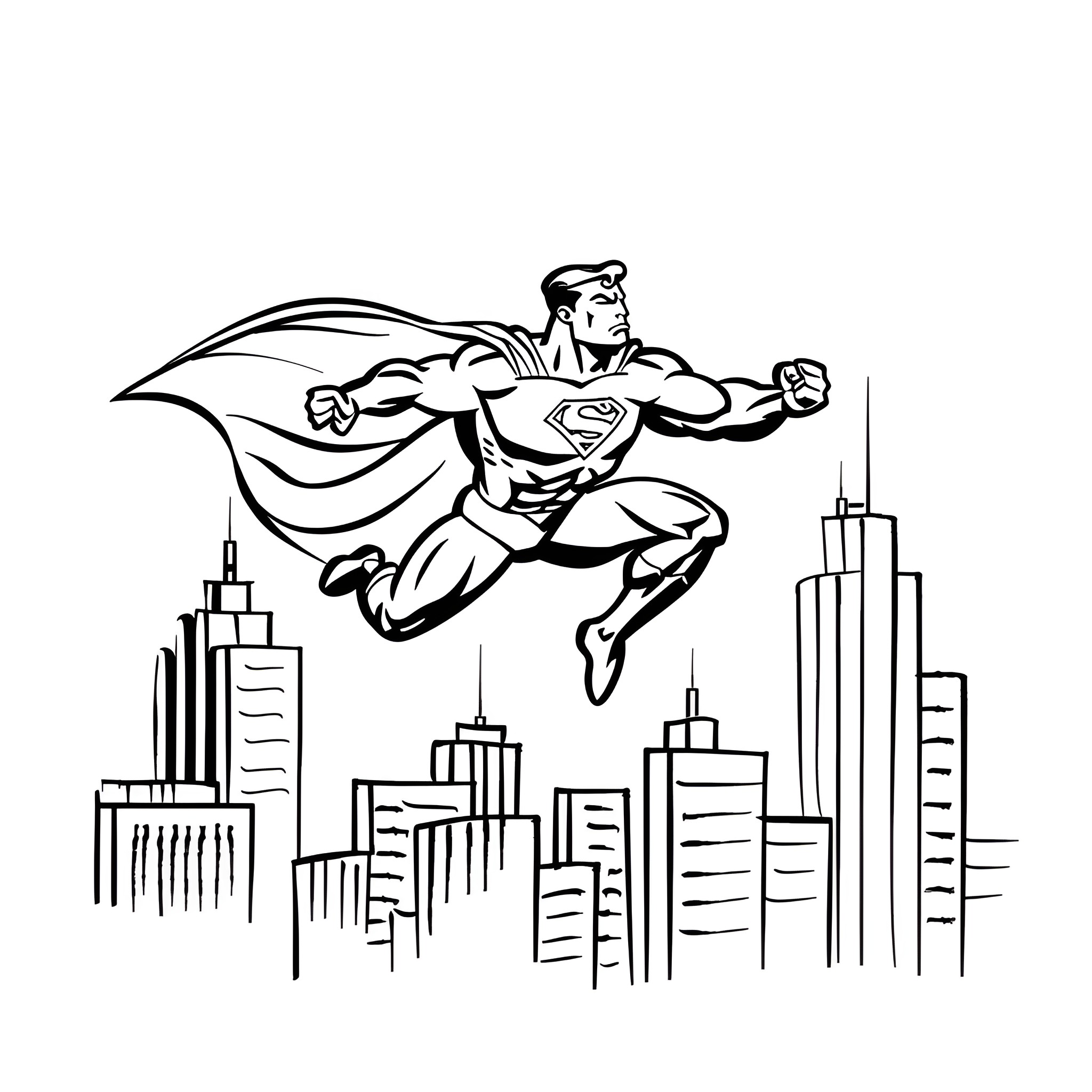 Superhero soaring over cityscape Drawing Idea (free black-and-white line drawing printable PDF for all, from beginners to advanced learners, including children, teens, adults, and seniors)