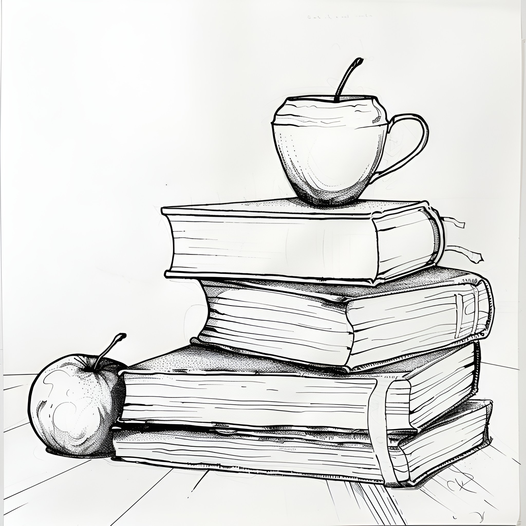 Still Life with Books and Apples Drawing Idea (free black-and-white line drawing printable PDF for all, from beginners to advanced learners, including children, teens, adults, and seniors)