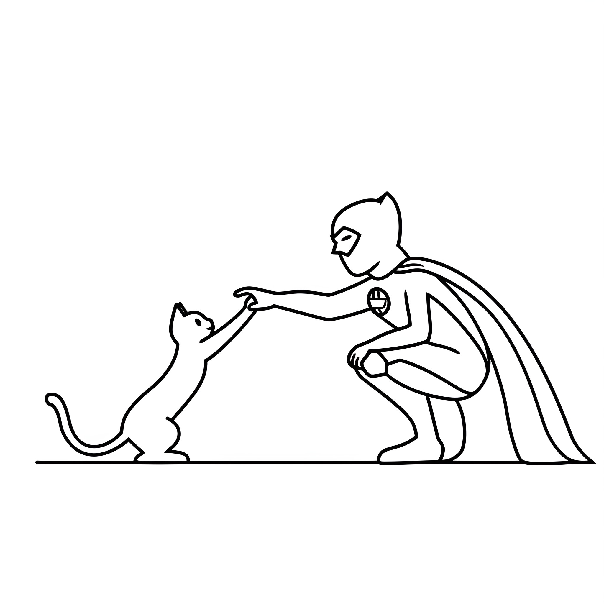 Superhero assisting friendly cat Drawing Idea (free black-and-white line drawing printable PDF for all, from beginners to advanced learners, including children, teens, adults, and seniors)