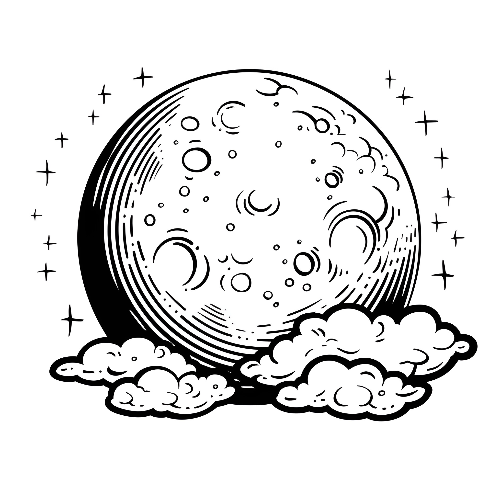 Moon hovering over cloudy night sky Drawing Idea (free black-and-white line drawing printable PDF for all, from beginners to advanced learners, including children, teens, adults, and seniors)