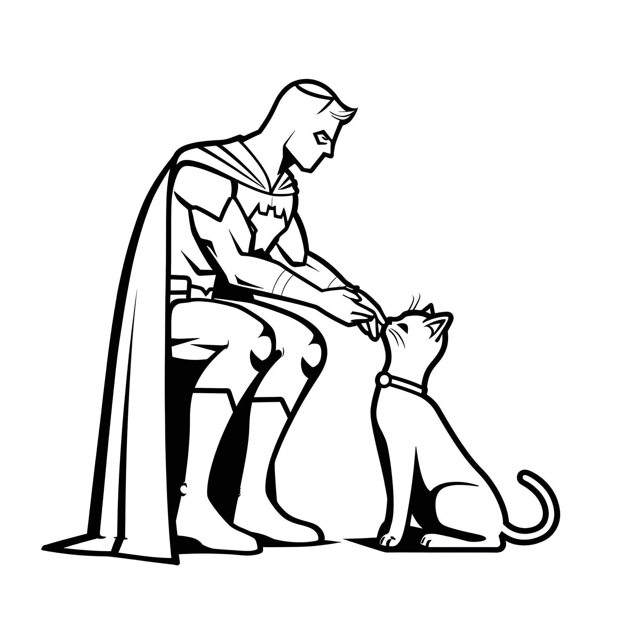 Superhero caring for his feline companion Drawing Idea (free black-and-white line drawing printable PDF for all, from beginners to advanced learners, including children, teens, adults, and seniors)