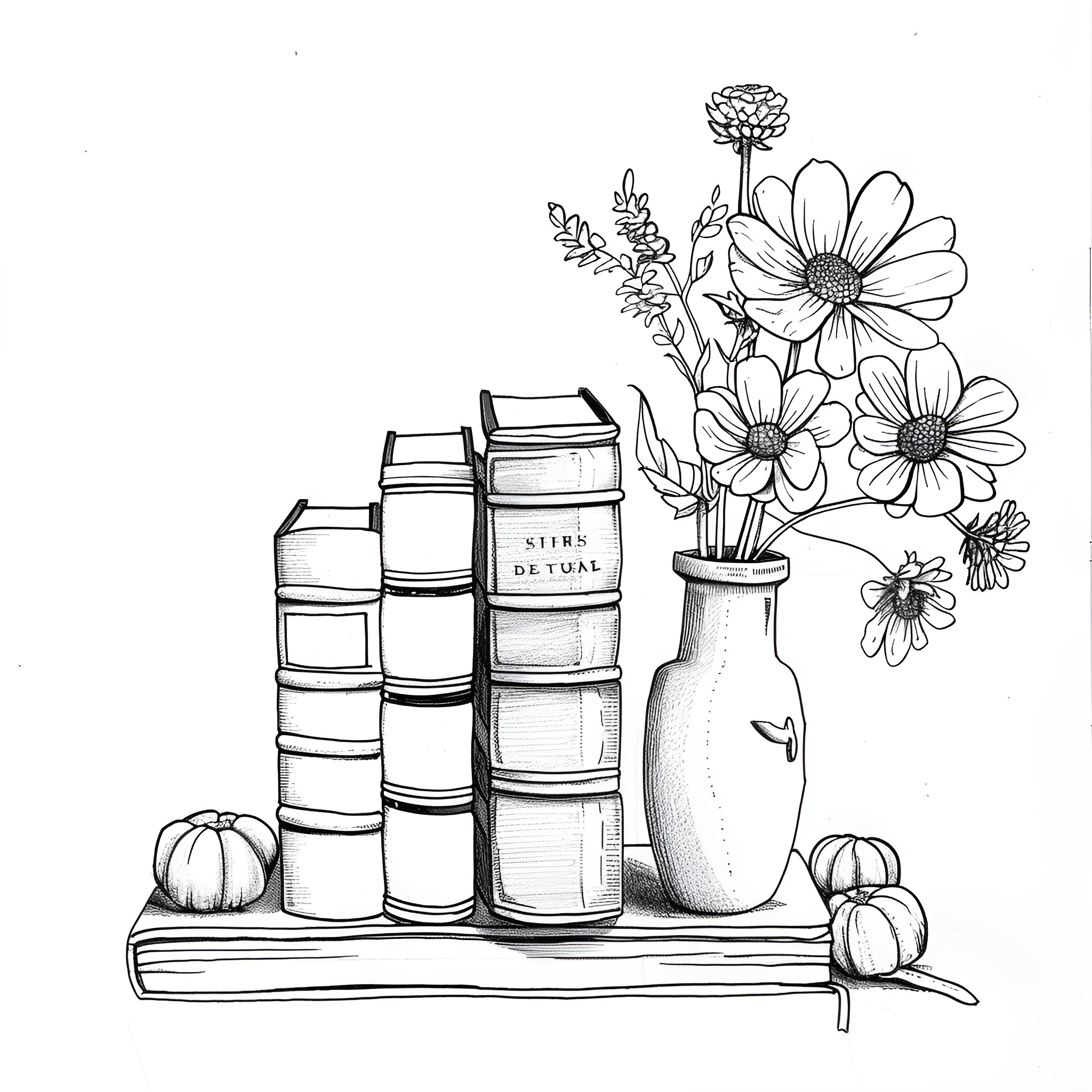 Still Life with Books and Flowers Drawing Idea (free black-and-white line drawing printable PDF for all, from beginners to advanced learners, including children, teens, adults, and seniors)