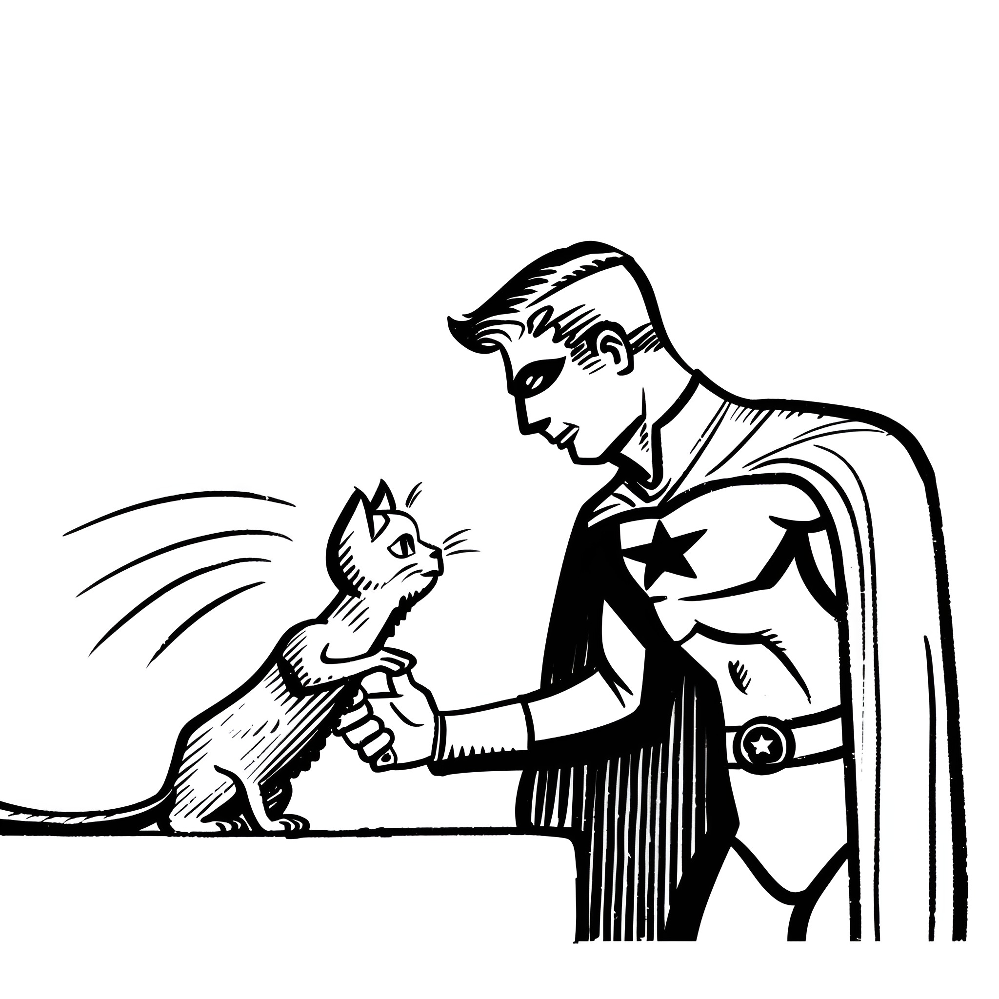 Superhero Helps Loyal Companion Drawing Idea (free black-and-white line drawing printable PDF for all, from beginners to advanced learners, including children, teens, adults, and seniors)