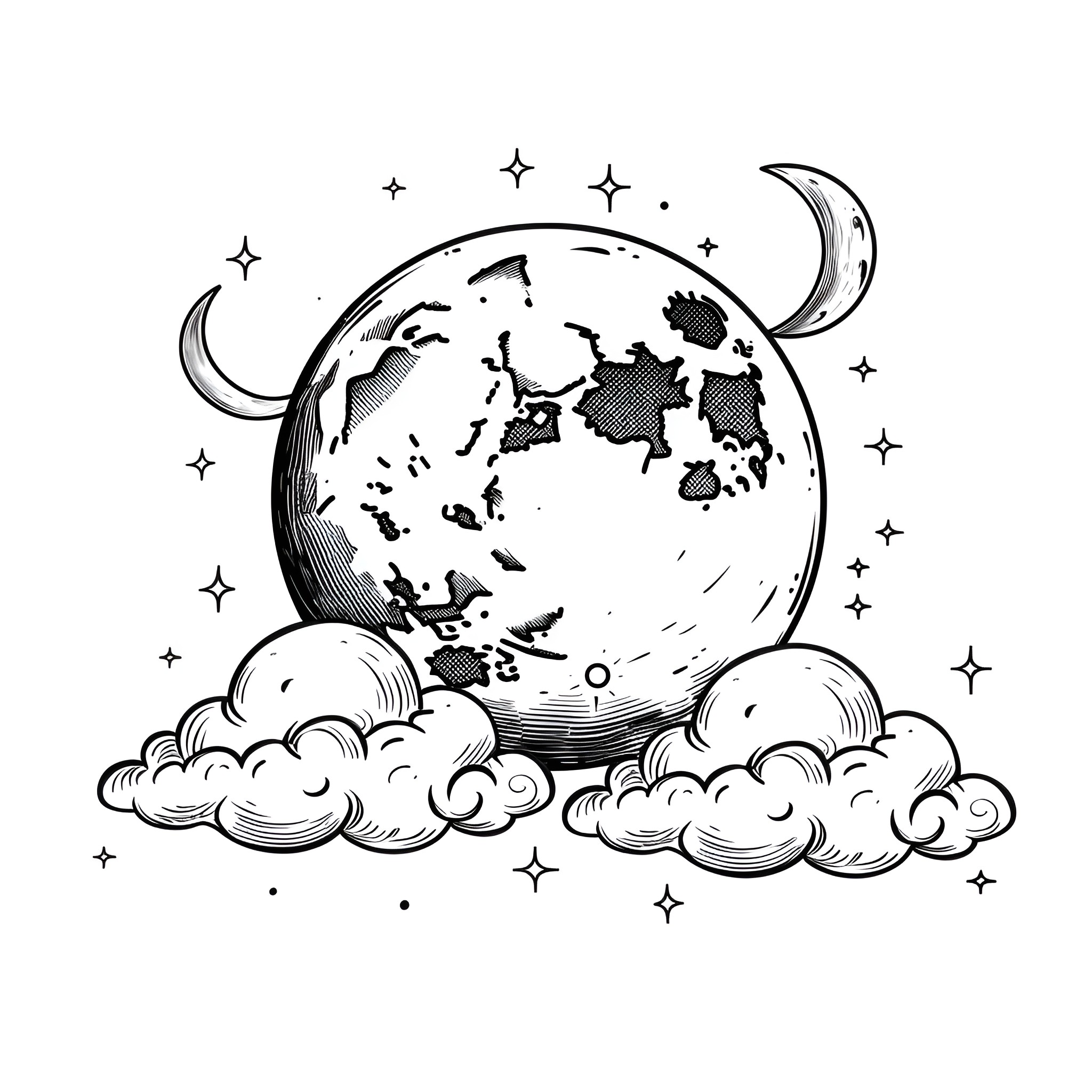 Moon gazing over celestial clouds Drawing Idea (free black-and-white line drawing printable PDF for all, from beginners to advanced learners, including children, teens, adults, and seniors)