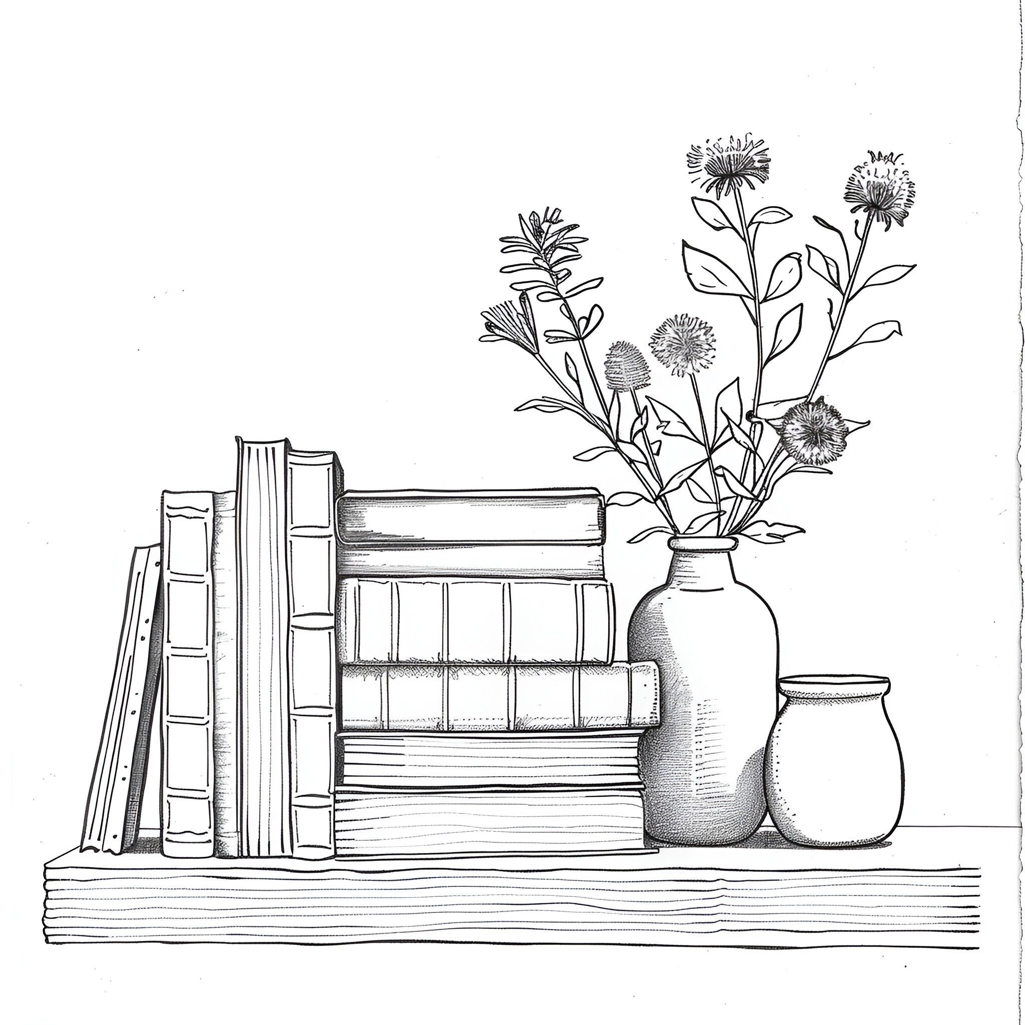 Still Life with Books and Wildflowers Drawing Idea (free black-and-white line drawing printable PDF for all, from beginners to advanced learners, including children, teens, adults, and seniors)