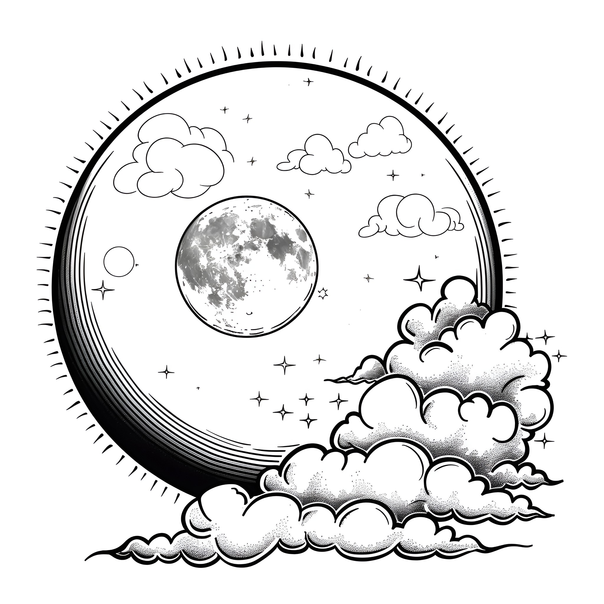 Moon illuminating cloudy night sky Drawing Idea (free black-and-white line drawing printable PDF for all, from beginners to advanced learners, including children, teens, adults, and seniors)