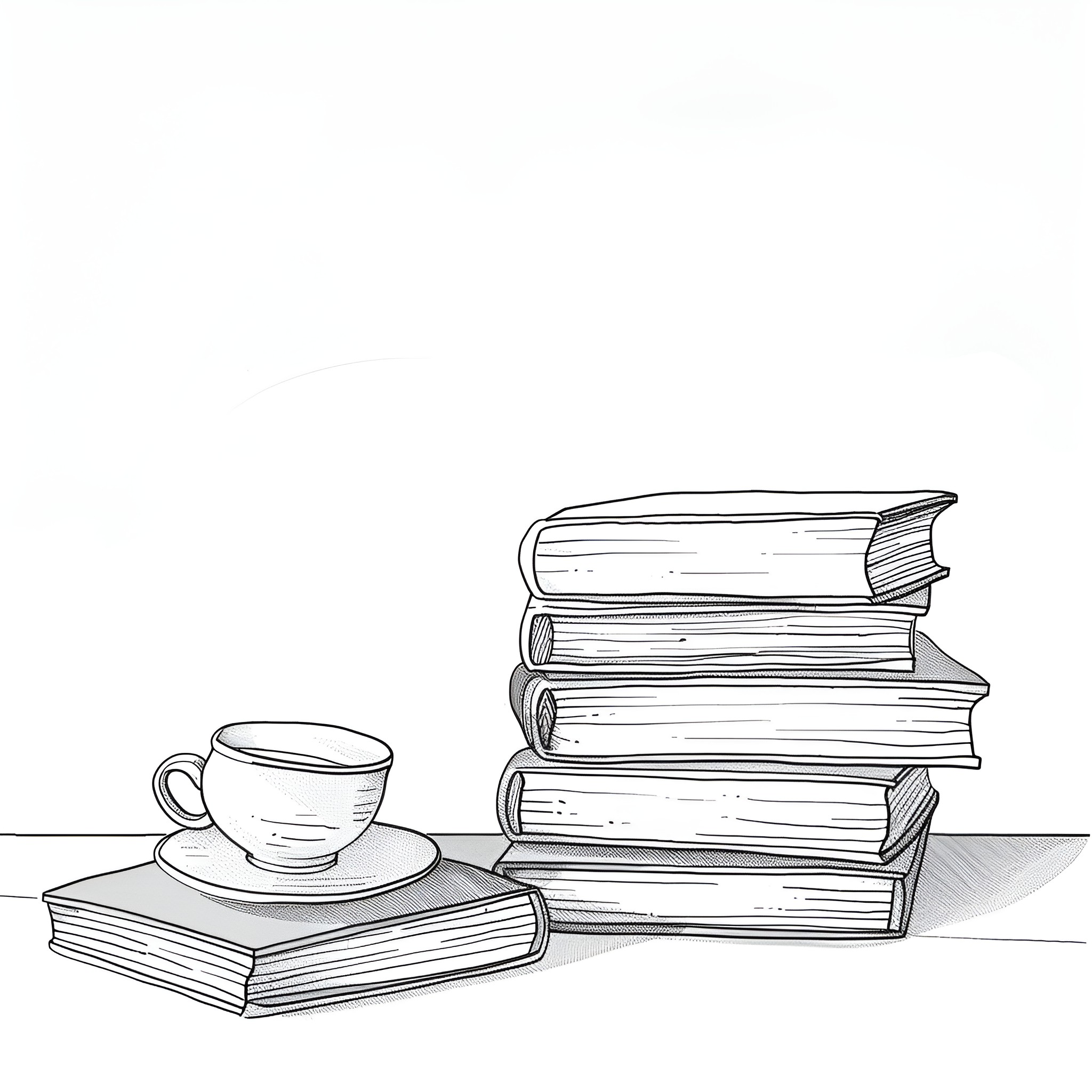 Still Life with Stacked Books and Cup Drawing Idea (free black-and-white line drawing printable PDF for all, from beginners to advanced learners, including children, teens, adults, and seniors)