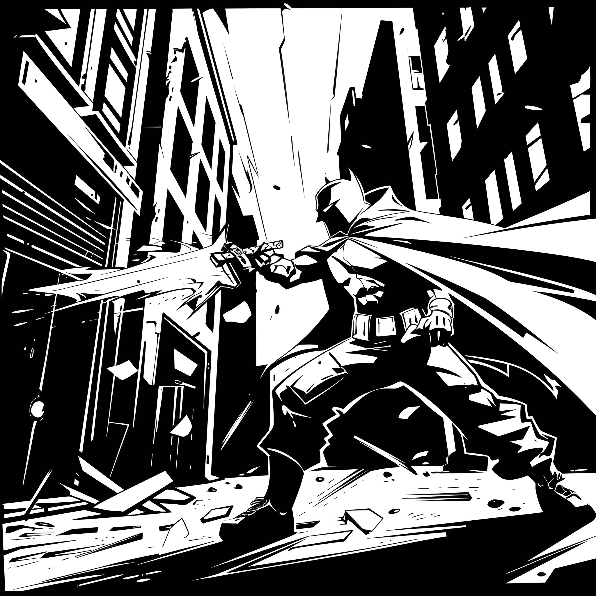 Superhero in action against city backdrop Drawing Idea (free black-and-white line drawing printable PDF for all, from beginners to advanced learners, including children, teens, adults, and seniors)
