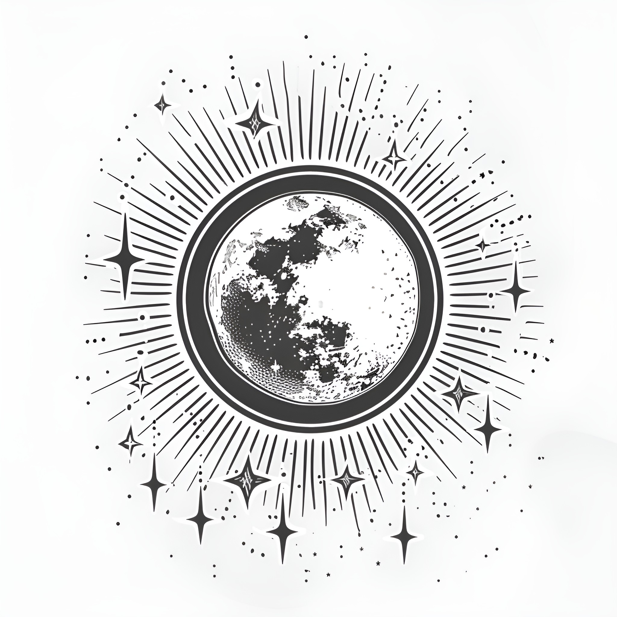 Moon glowing in starry night sky Drawing Idea (free black-and-white line drawing printable PDF for all, from beginners to advanced learners, including children, teens, adults, and seniors)
