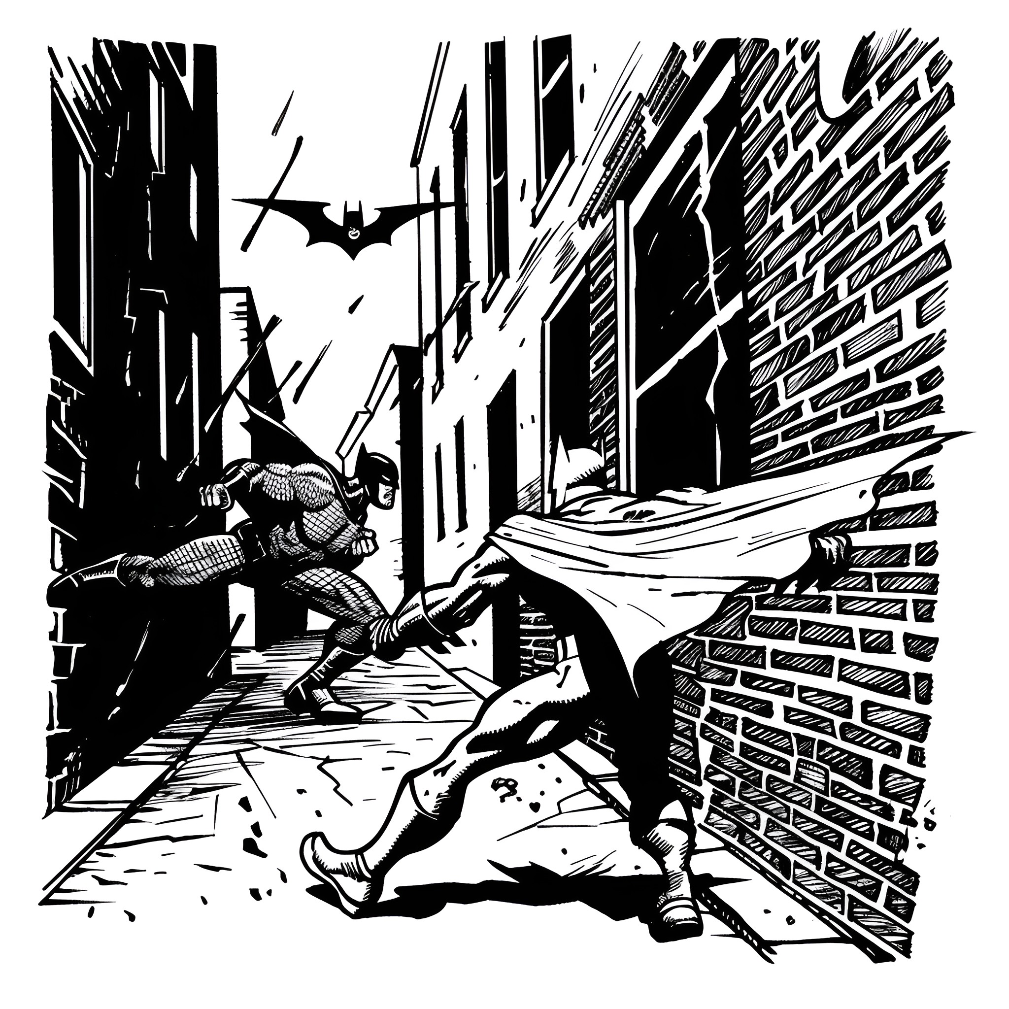 Superhero chasing criminal down alley Drawing Idea (free black-and-white line drawing printable PDF for all, from beginners to advanced learners, including children, teens, adults, and seniors)