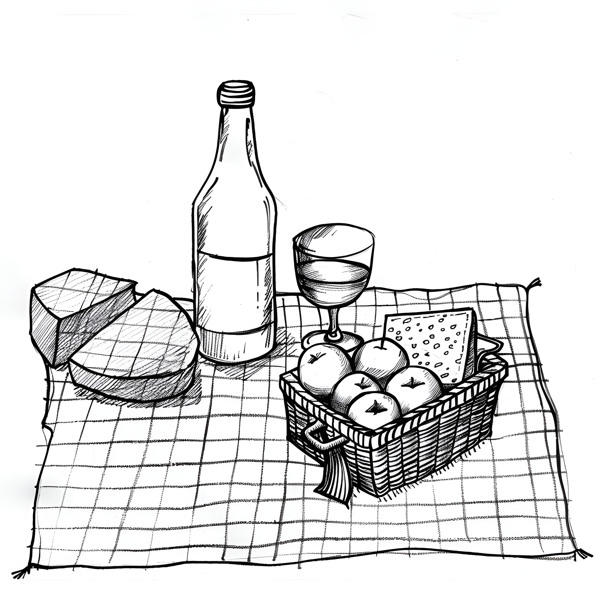 Still Life with Picnic Basket and Bottle Drawing Idea (free black-and-white line drawing printable PDF for all, from beginners to advanced learners, including children, teens, adults, and seniors)