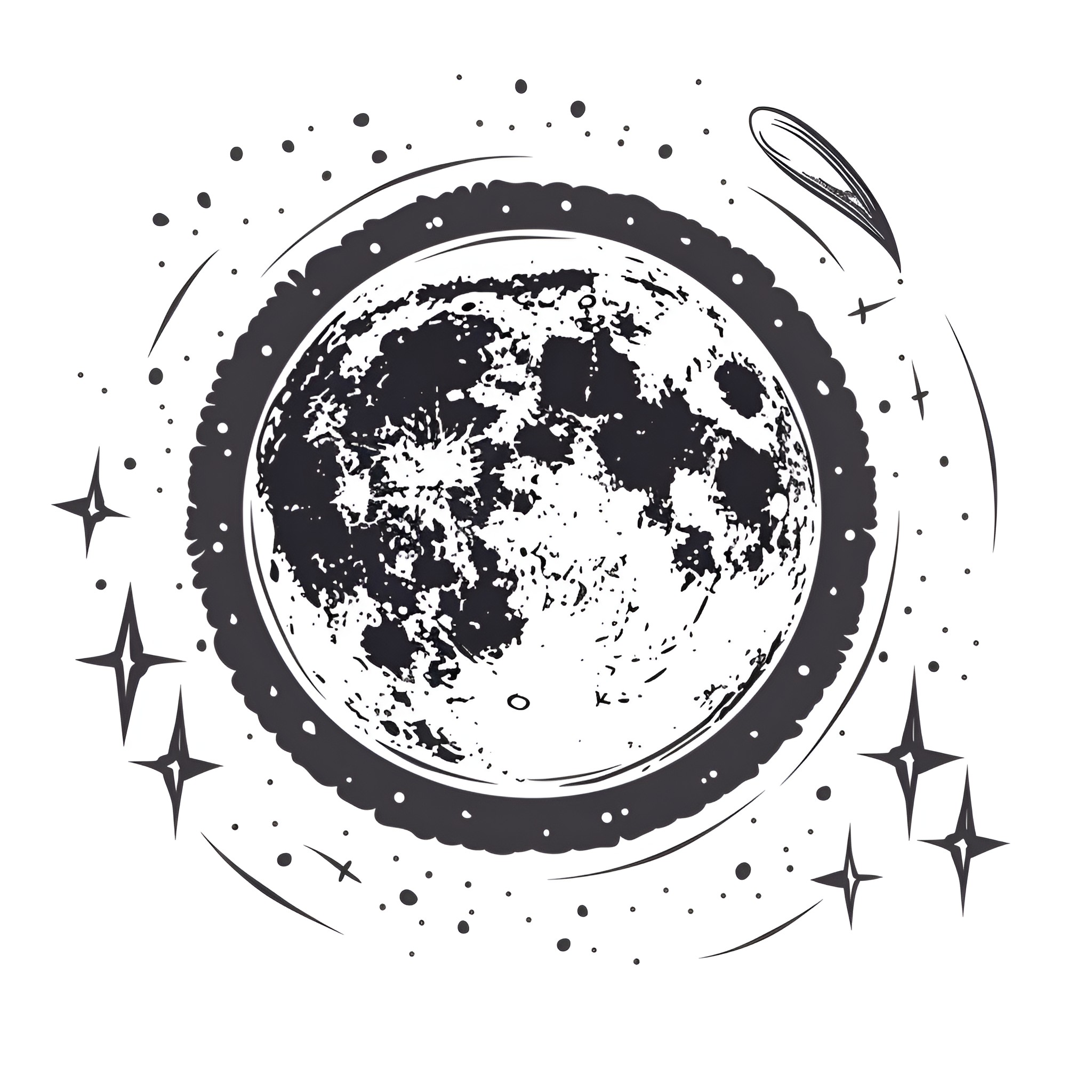 Moon surrounded by stars and cosmic elements Drawing Idea (free black-and-white line drawing printable PDF for all, from beginners to advanced learners, including children, teens, adults, and seniors)