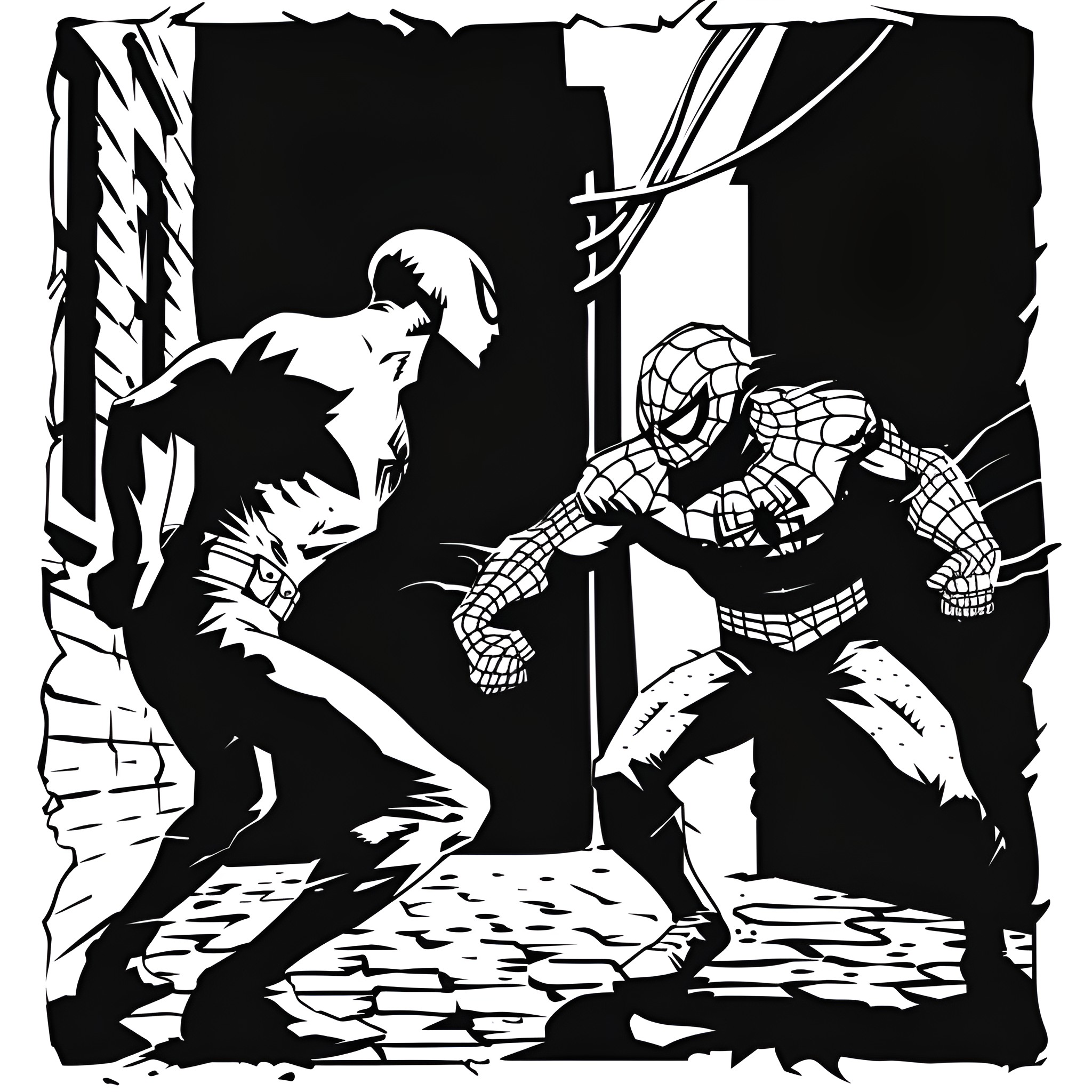 Superhero confrontation in the dark city Drawing Idea (free black-and-white line drawing printable PDF for all, from beginners to advanced learners, including children, teens, adults, and seniors)