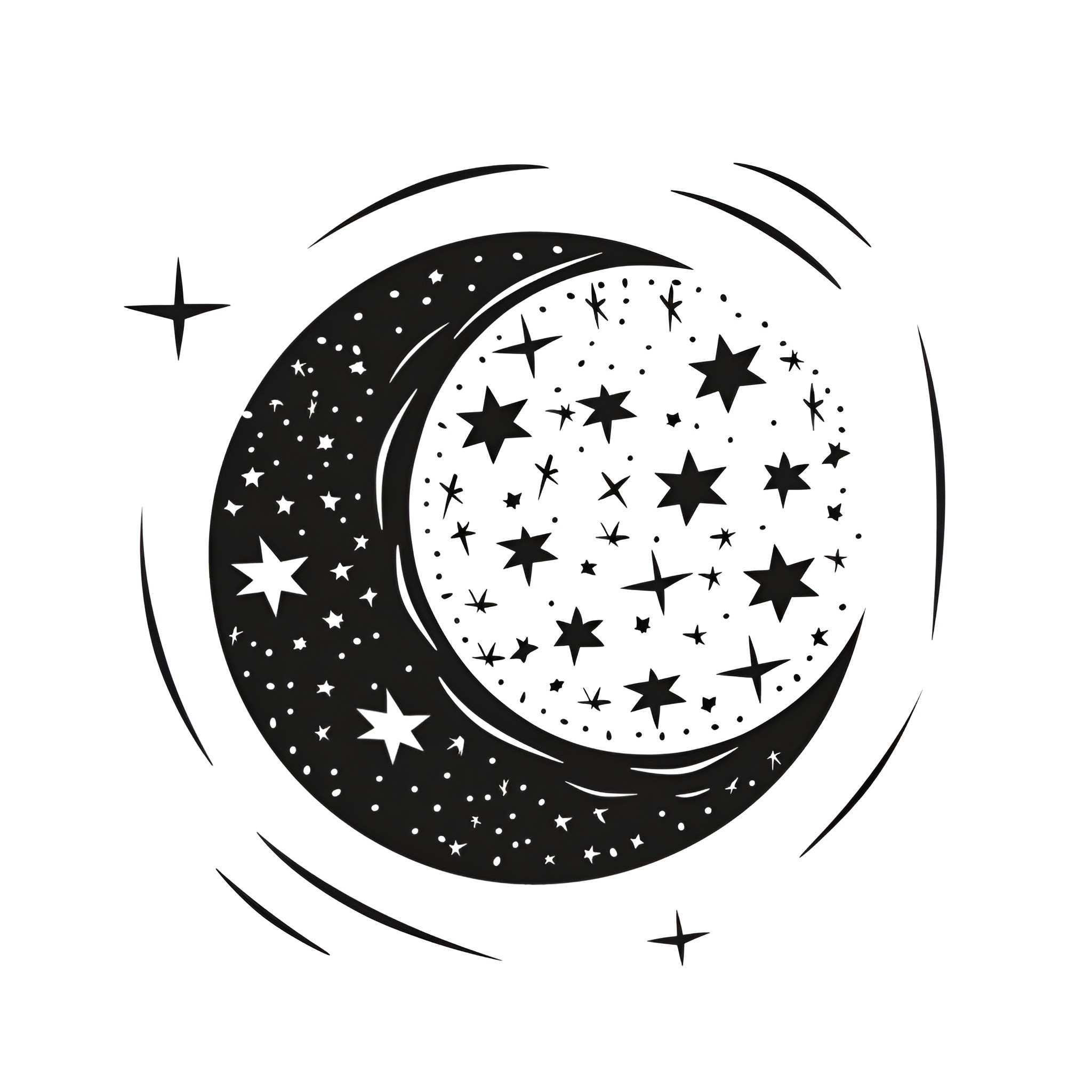 Moon and Stars in Night Sky Drawing Idea (free black-and-white line drawing printable PDF for all, from beginners to advanced learners, including children, teens, adults, and seniors)