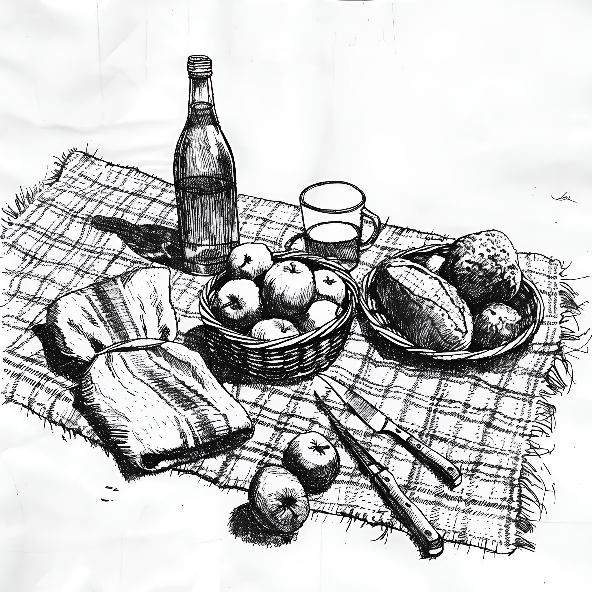 Still Life of Homemade Meal and Beverages Drawing Idea (free black-and-white line drawing printable PDF for all, from beginners to advanced learners, including children, teens, adults, and seniors)