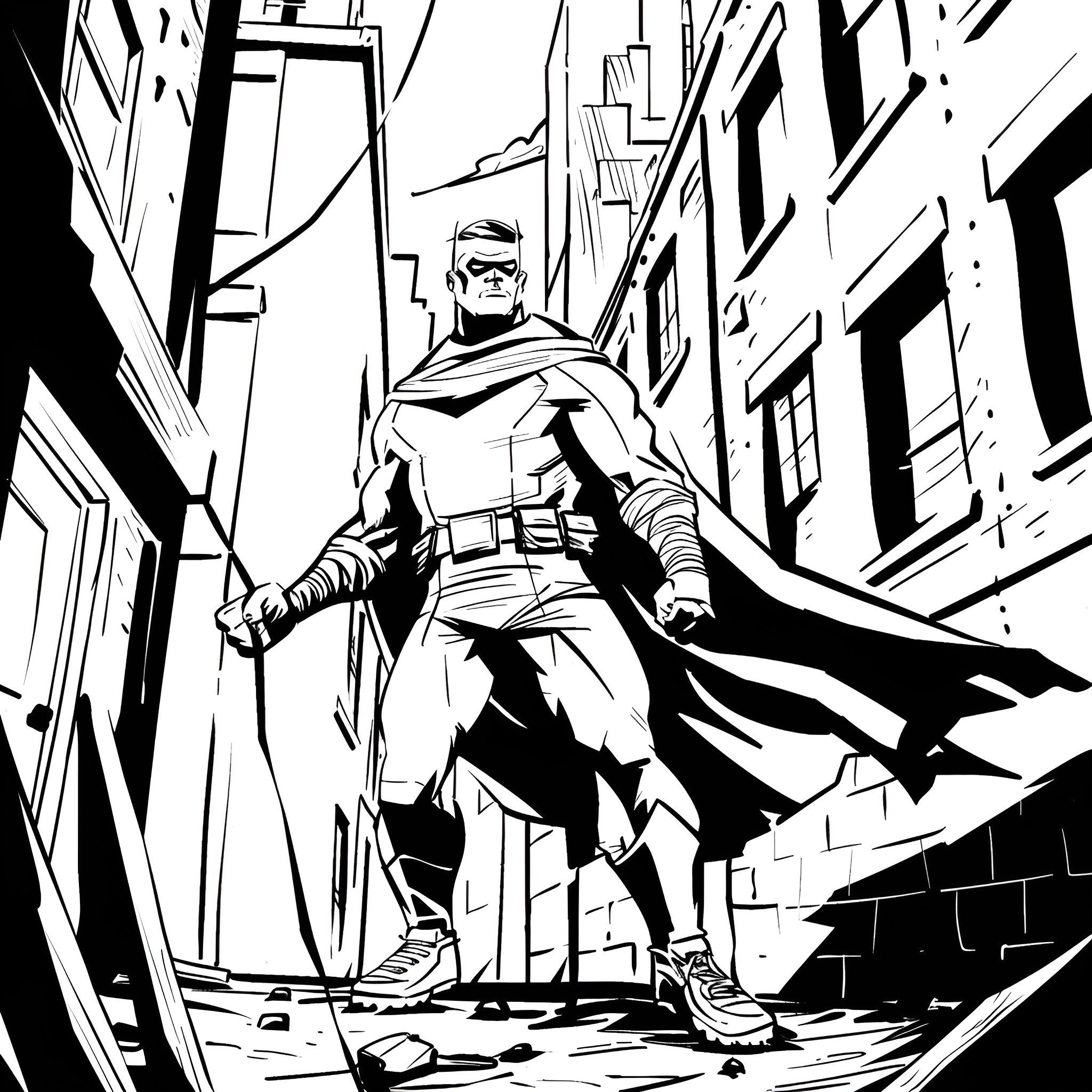Superhero in action-packed urban environment Drawing Idea (free black-and-white line drawing printable PDF for all, from beginners to advanced learners, including children, teens, adults, and seniors)