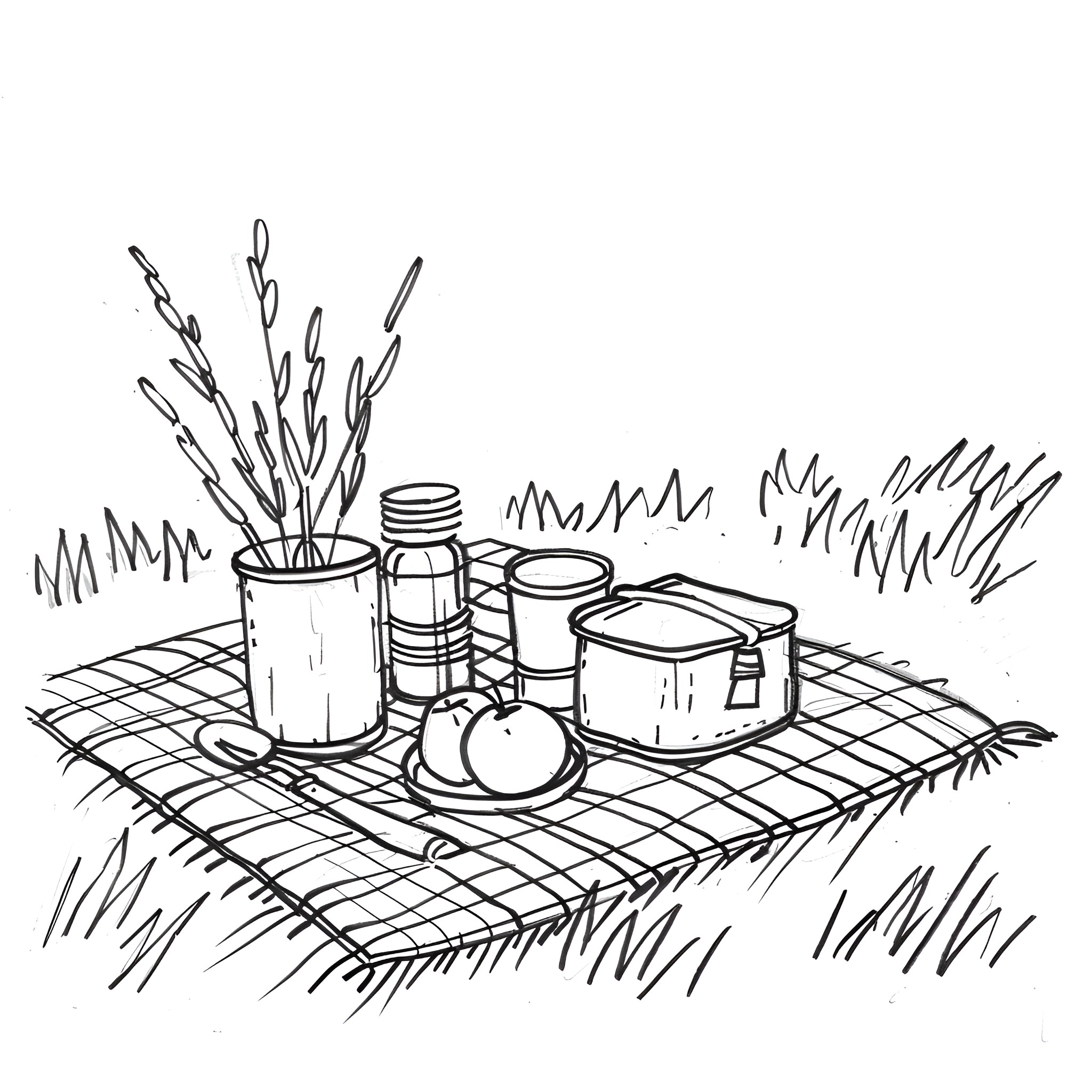 Still Life Picnic Spread on Checkered Blanket Drawing Idea (free black-and-white line drawing printable PDF for all, from beginners to advanced learners, including children, teens, adults, and seniors)