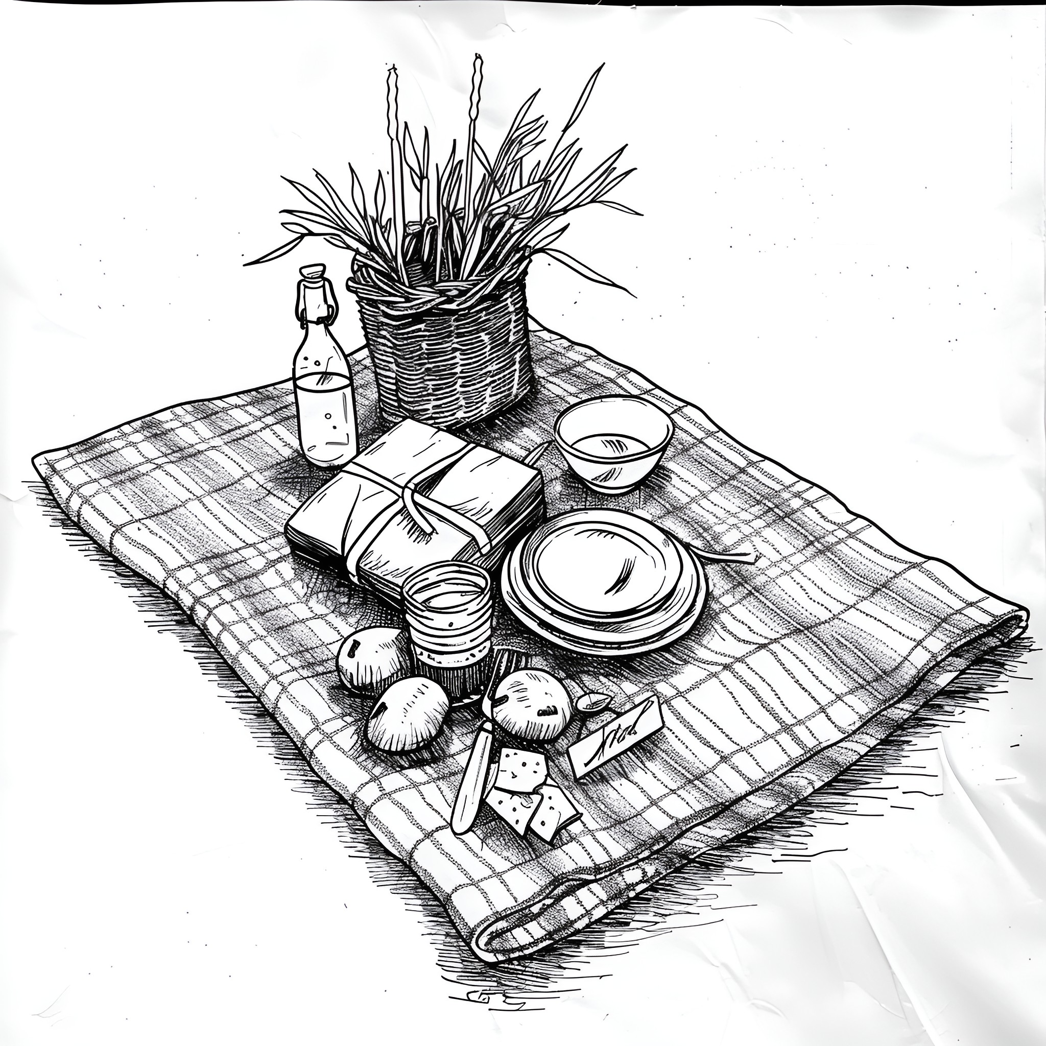Still Life of a Rustic Picnic Spread Drawing Idea (free black-and-white line drawing printable PDF for all, from beginners to advanced learners, including children, teens, adults, and seniors)