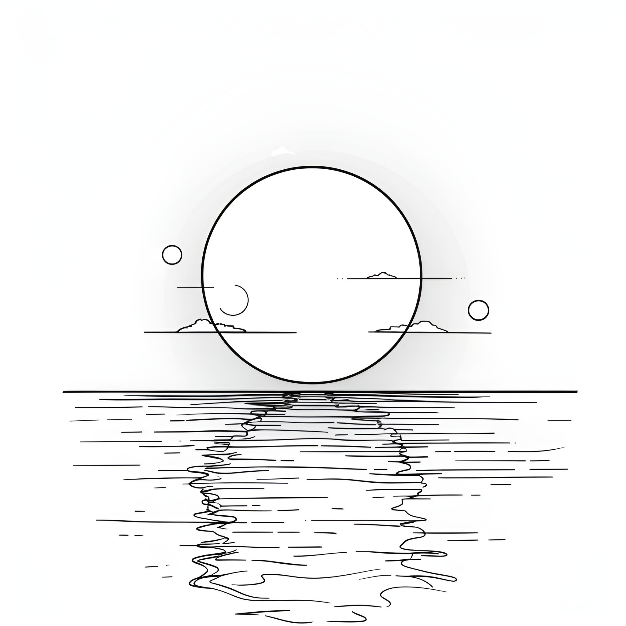 Moon rising over serene landscape Drawing Idea (free black-and-white line drawing printable PDF for all, from beginners to advanced learners, including children, teens, adults, and seniors)