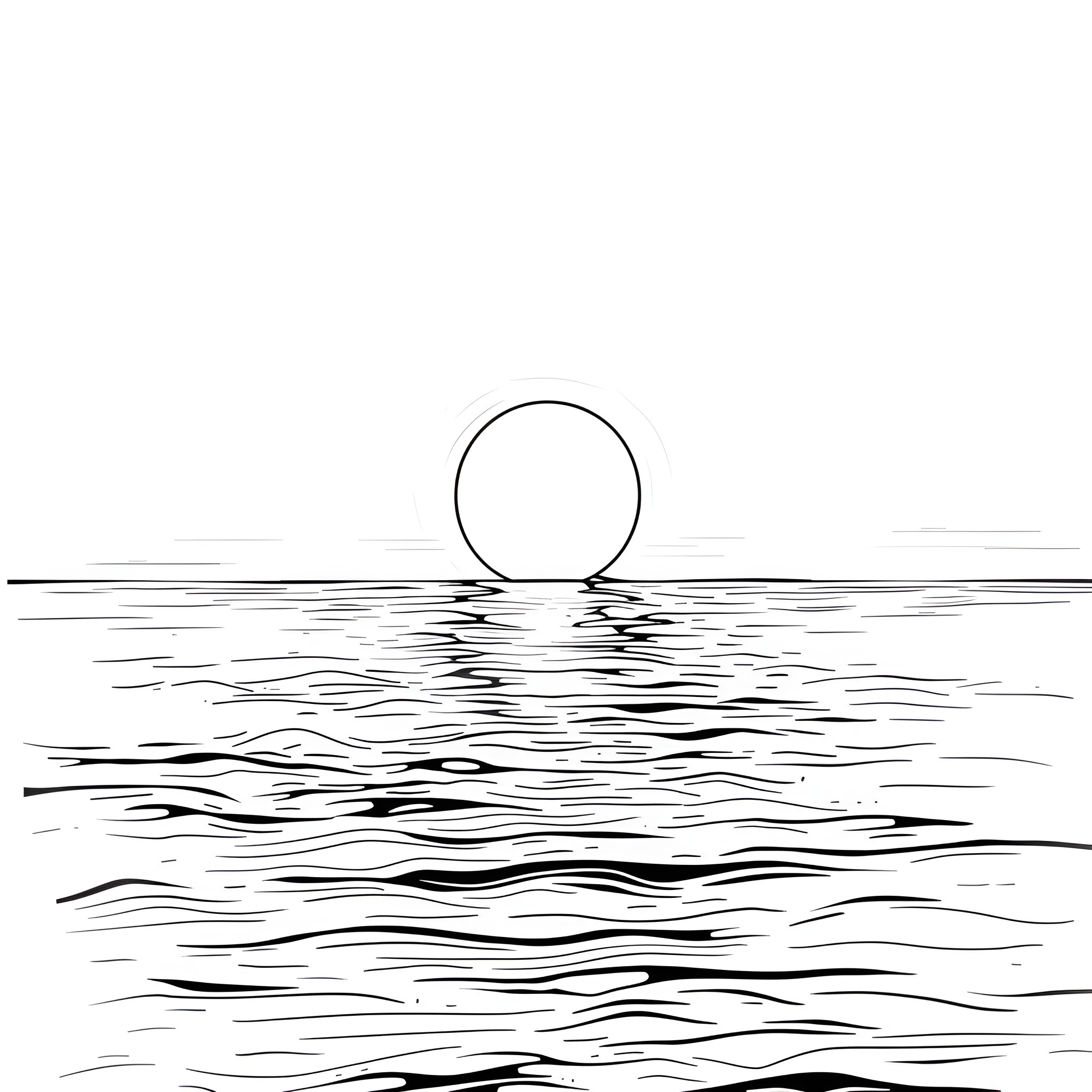 Moon rising over rippling waters Drawing Idea (free black-and-white line drawing printable PDF for all, from beginners to advanced learners, including children, teens, adults, and seniors)