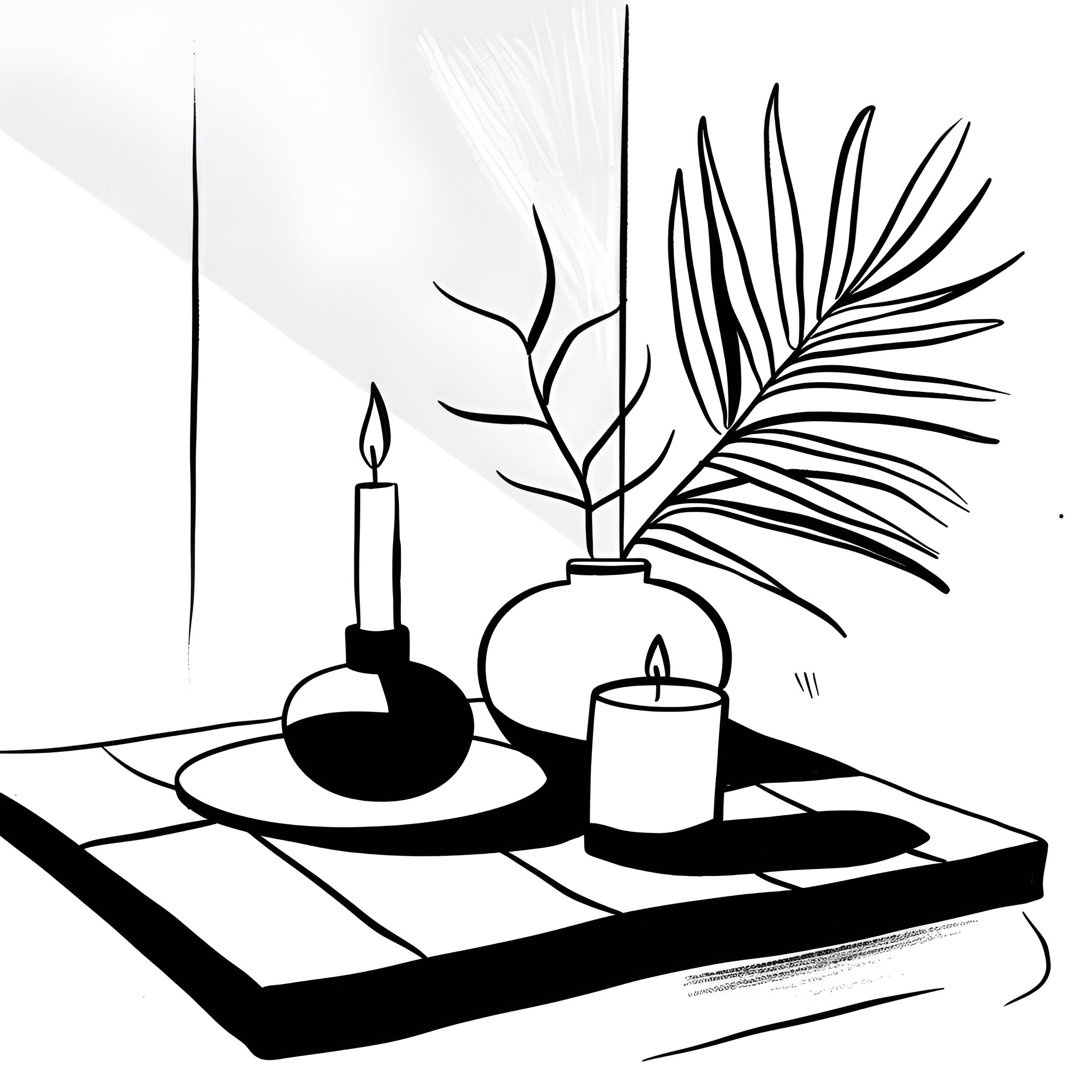 Still Life with Candles and Foliage Drawing Idea (free black-and-white line drawing printable PDF for all, from beginners to advanced learners, including children, teens, adults, and seniors)