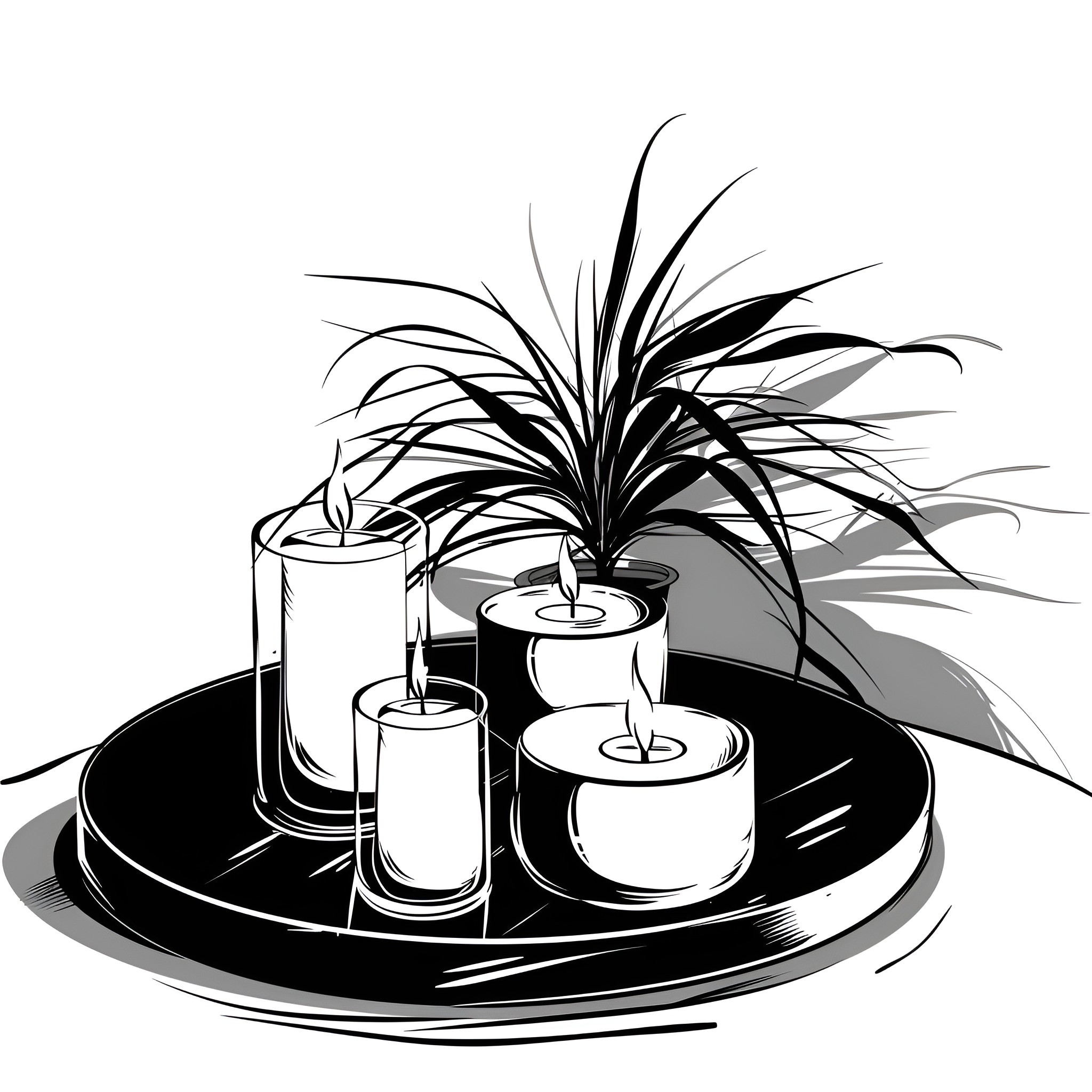 Still Life with Candles and Potted Plant Drawing Idea (free black-and-white line drawing printable PDF for all, from beginners to advanced learners, including children, teens, adults, and seniors)
