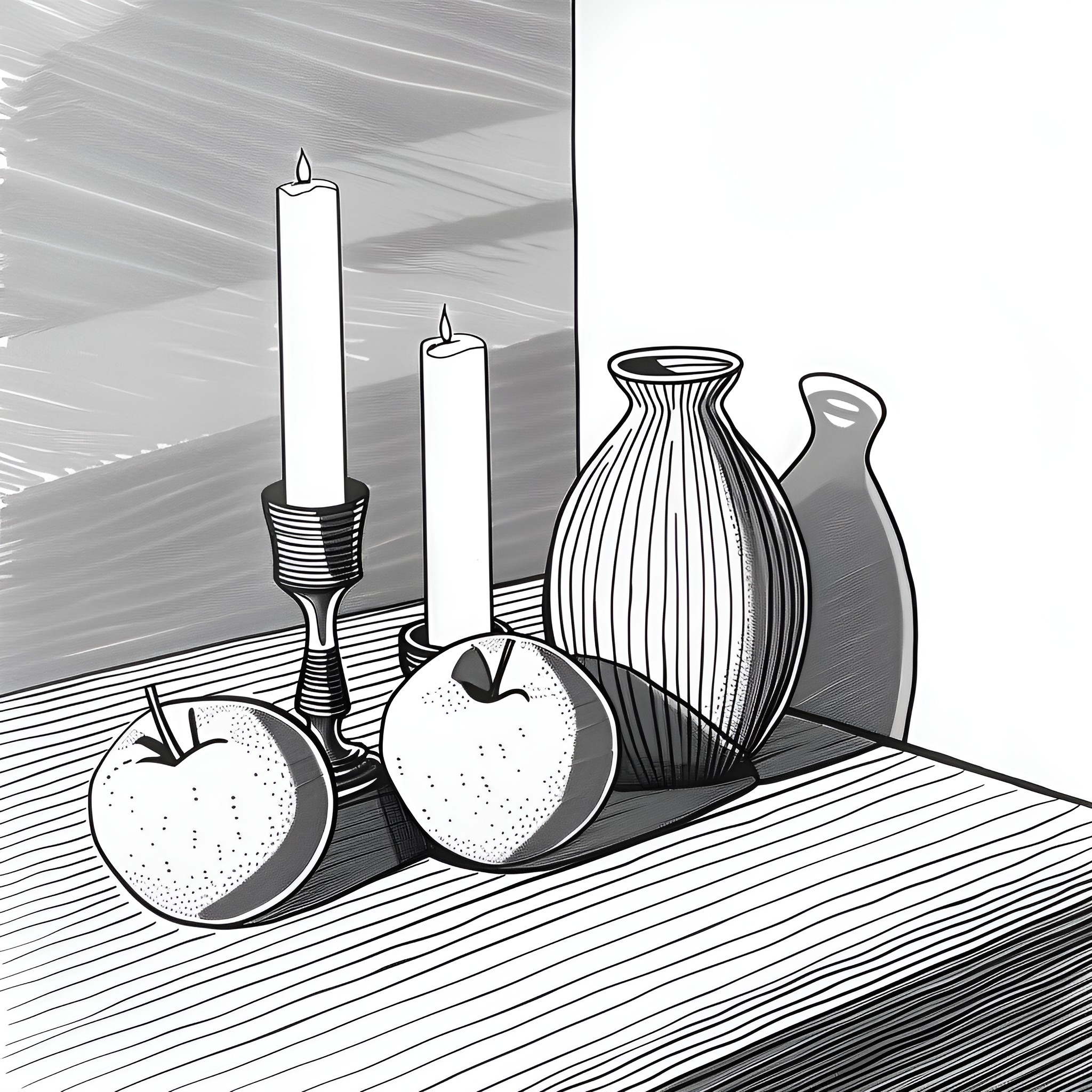 Still Life with Candles and Pottery Drawing Idea (free black-and-white line drawing printable PDF for all, from beginners to advanced learners, including children, teens, adults, and seniors)