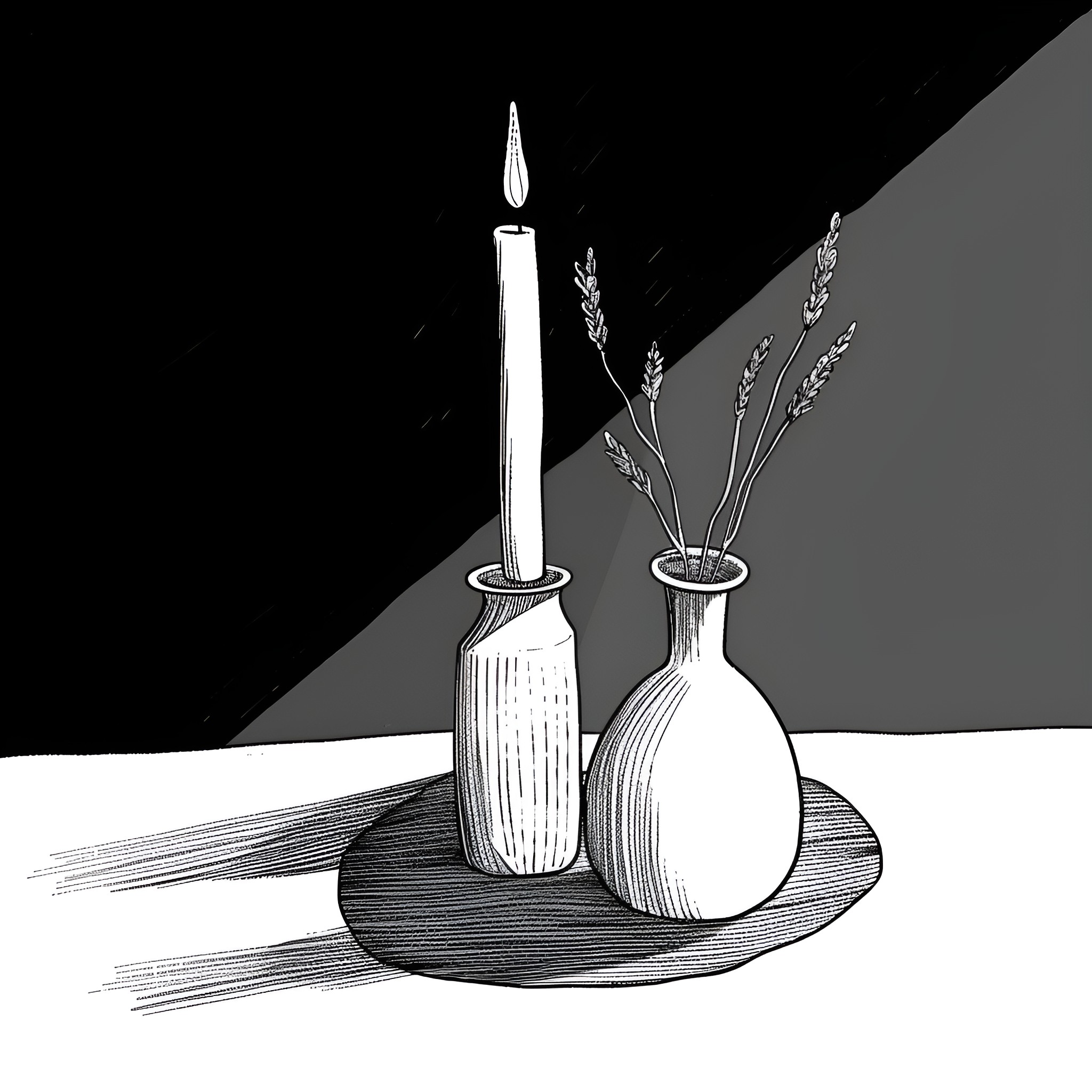 Still Life of Candle and Floral Arrangement Drawing Idea (free black-and-white line drawing printable PDF for all, from beginners to advanced learners, including children, teens, adults, and seniors)