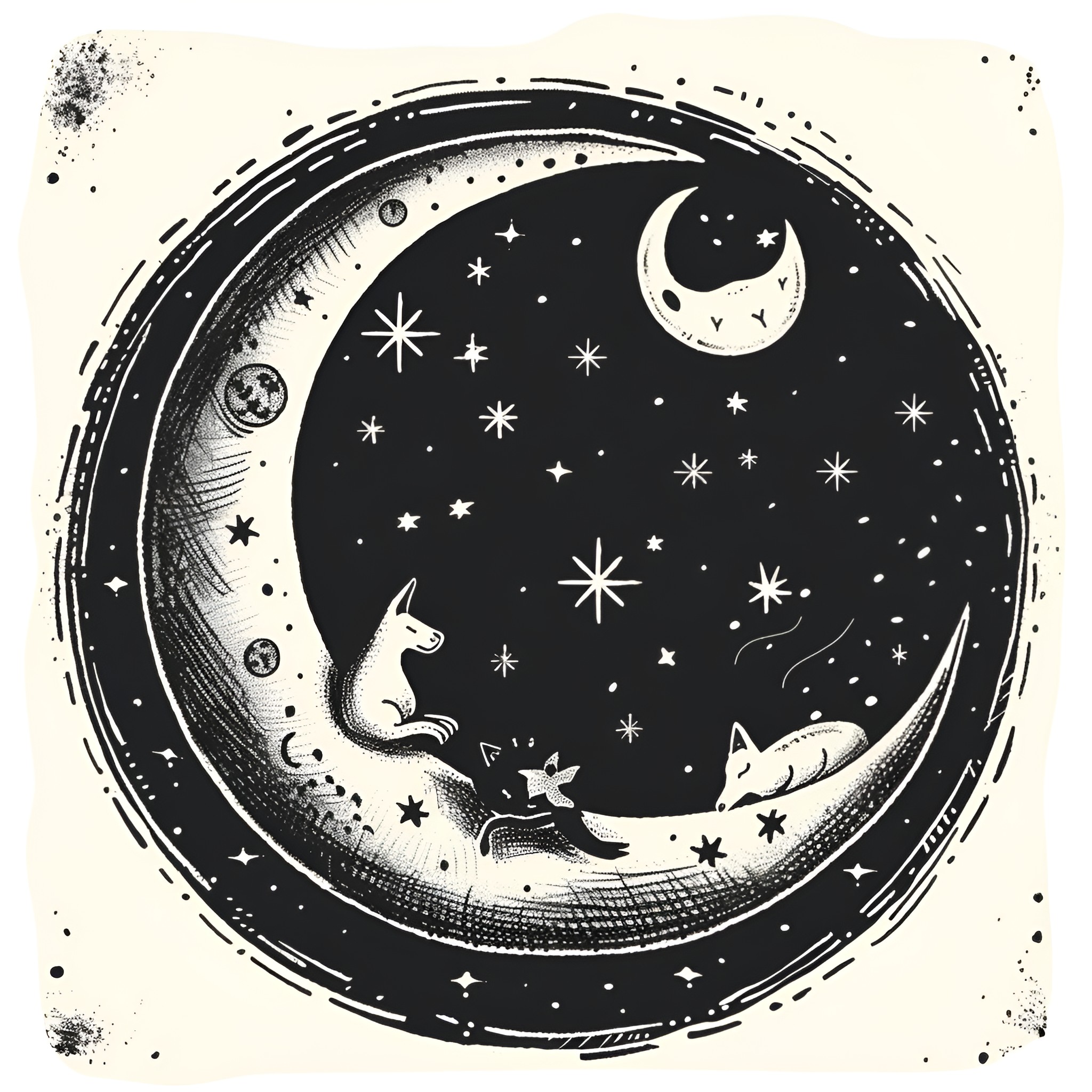 Moon Wolves howling under starry night Drawing Idea (free black-and-white line drawing printable PDF for all, from beginners to advanced learners, including children, teens, adults, and seniors)