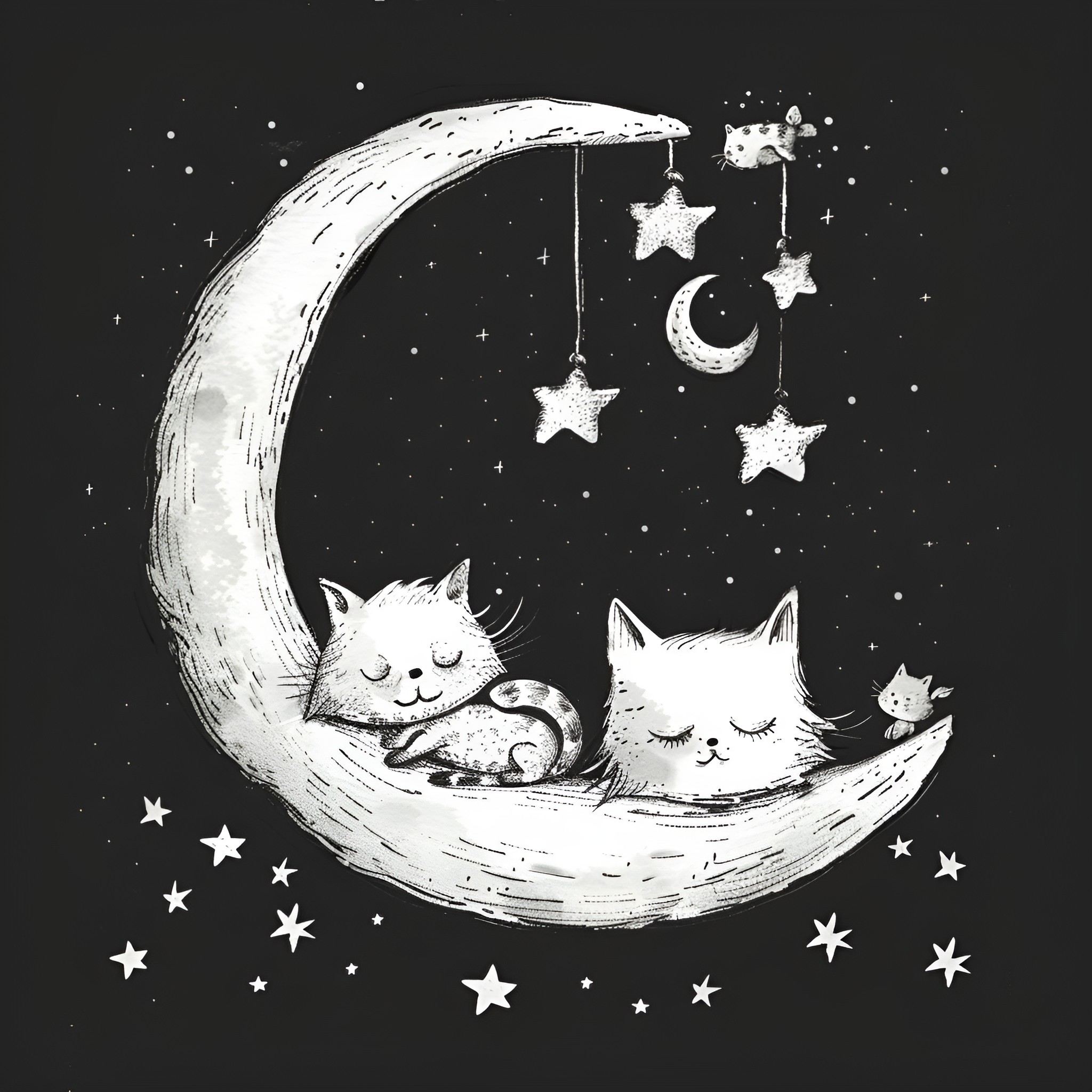 Moon Cats napping among the stars Drawing Idea (free black-and-white line drawing printable PDF for all, from beginners to advanced learners, including children, teens, adults, and seniors)