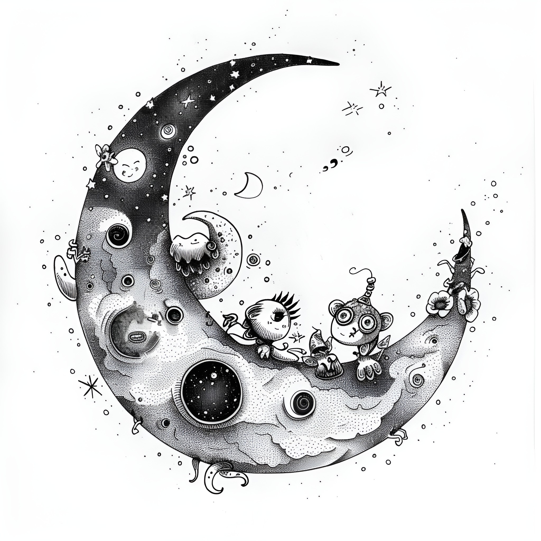 Moon Creatures Exploring Celestial Realm Drawing Idea (free black-and-white line drawing printable PDF for all, from beginners to advanced learners, including children, teens, adults, and seniors)