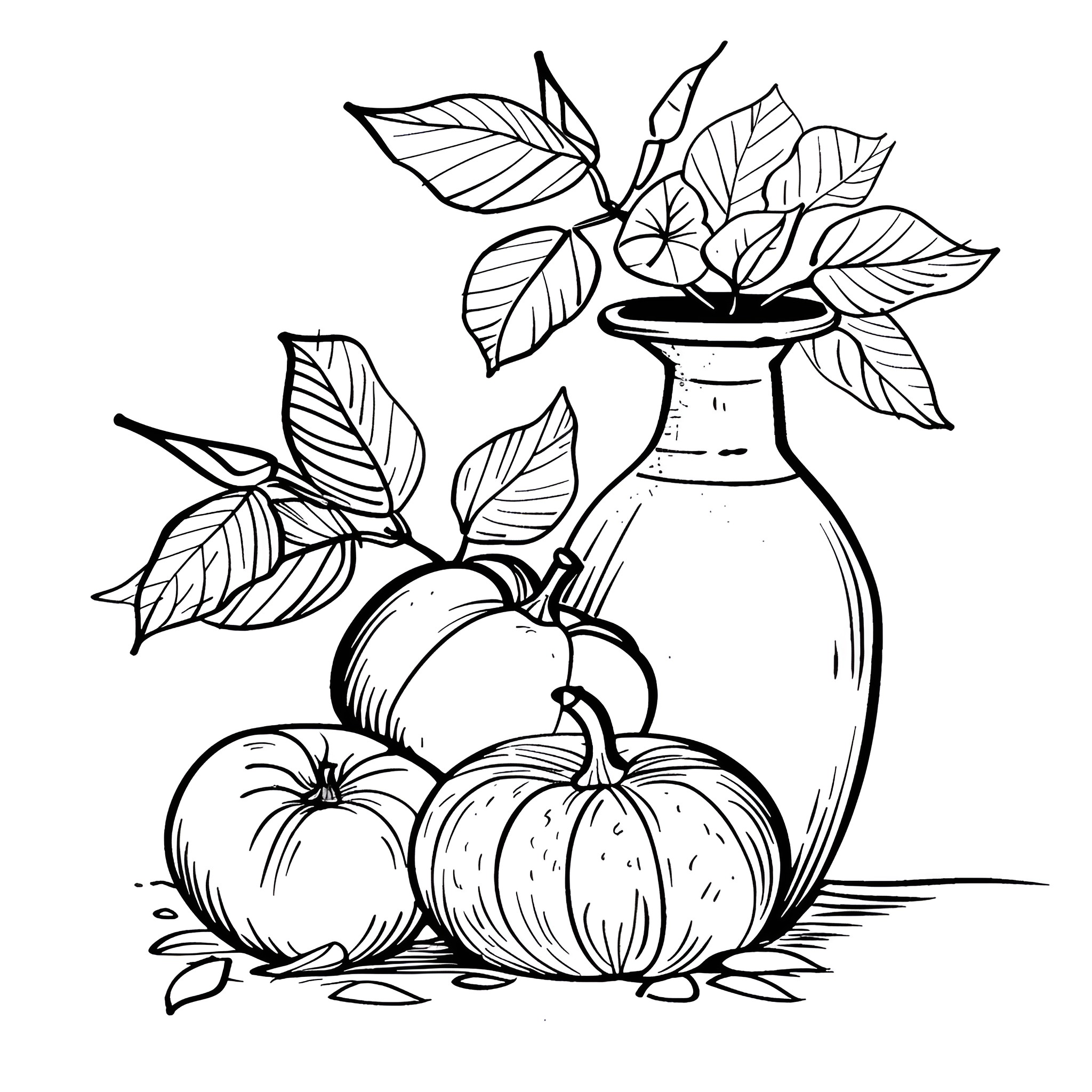 Still Life with Pumpkins and Floral Vase Drawing Idea (free black-and-white line drawing printable PDF for all, from beginners to advanced learners, including children, teens, adults, and seniors)