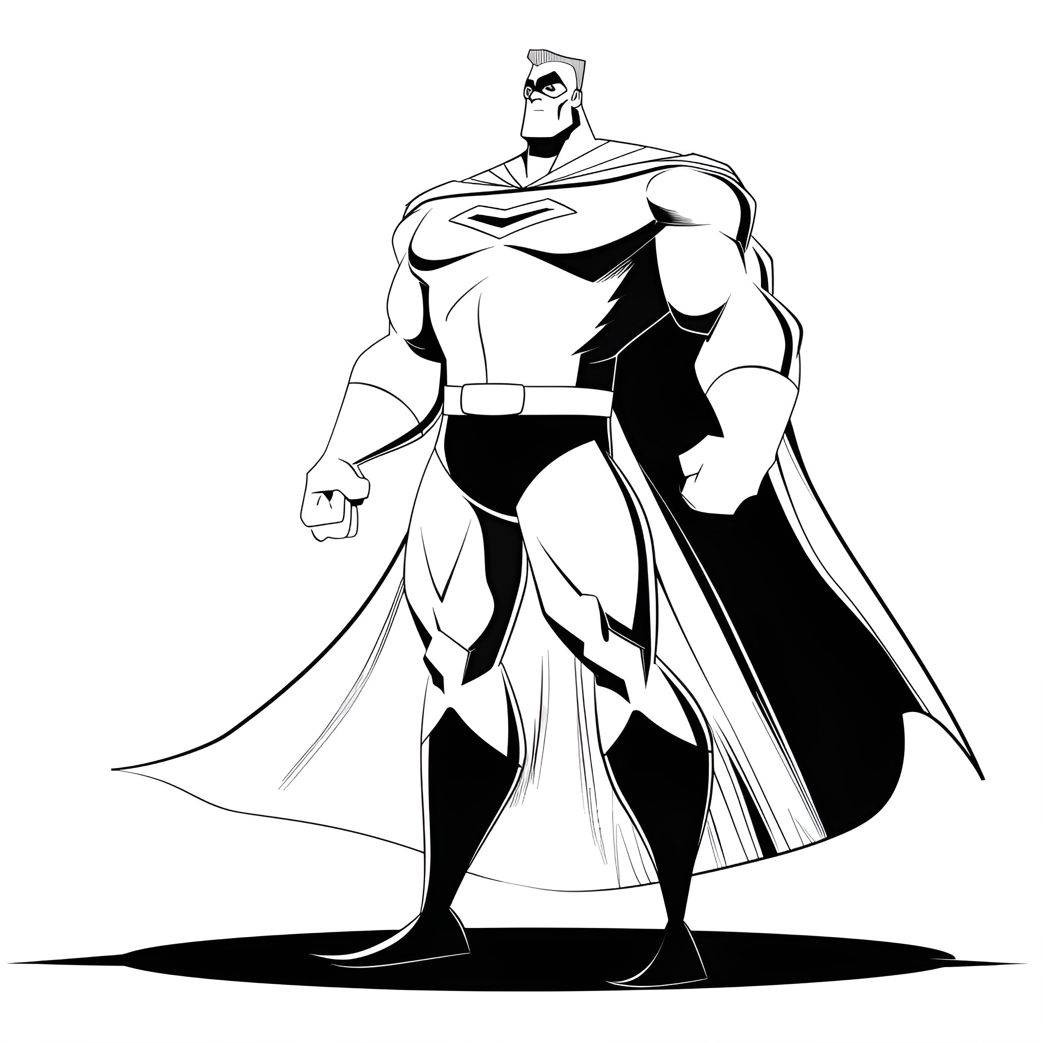 Superhero in Powerful Stance Drawing Idea (free black-and-white line drawing printable PDF for all, from beginners to advanced learners, including children, teens, adults, and seniors)