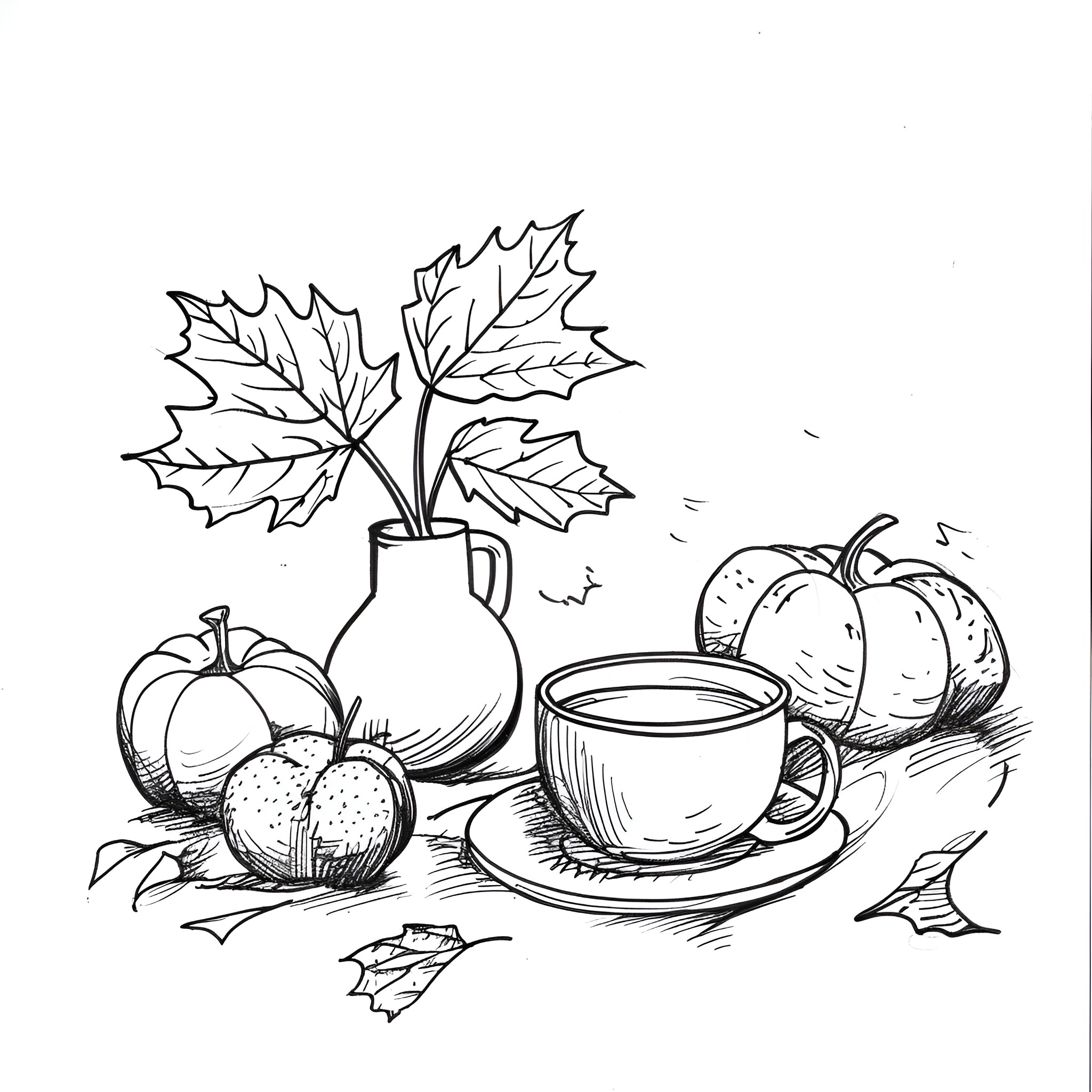 Still Life of Autumn Harvest Drawing Idea (free black-and-white line drawing printable PDF for all, from beginners to advanced learners, including children, teens, adults, and seniors)