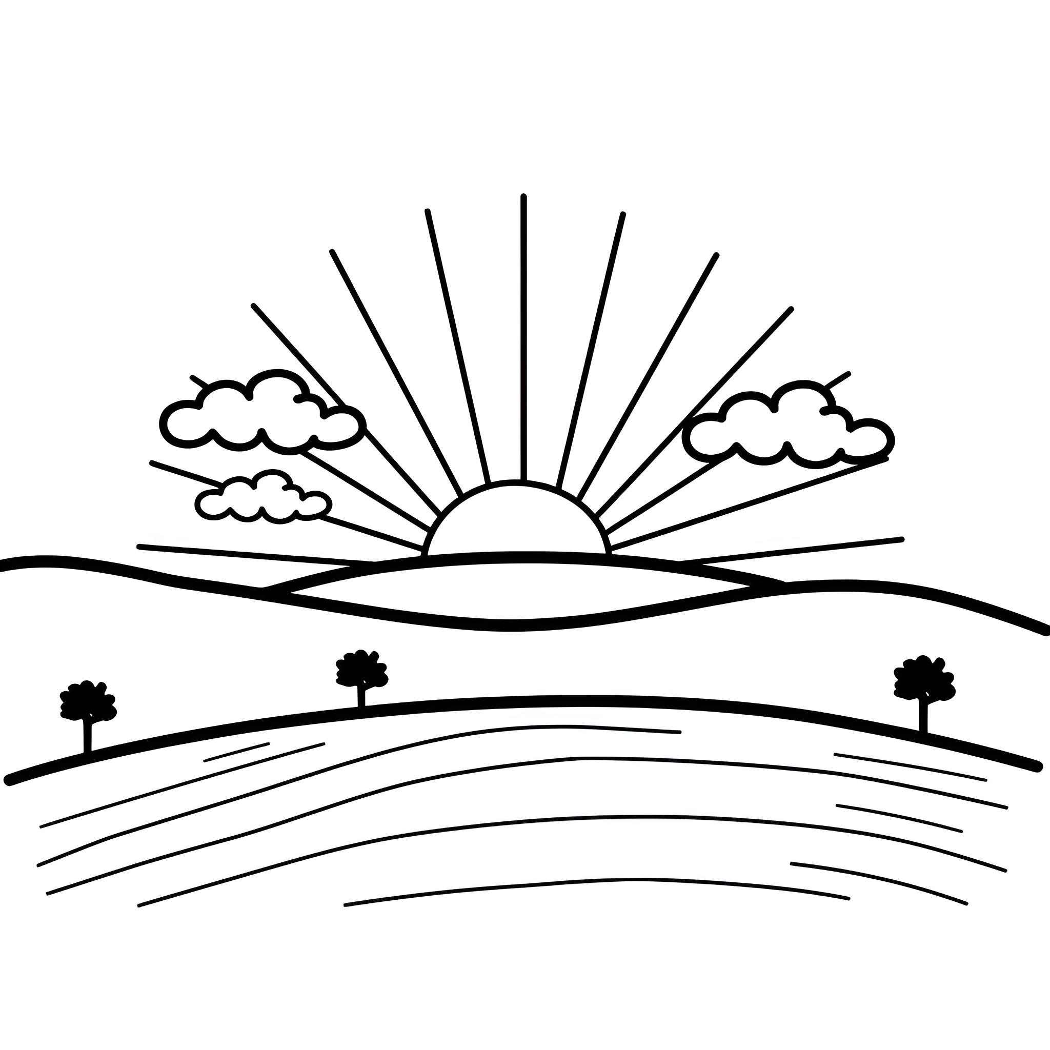 Mental Health Landscape with Sunrise and Clouds Drawing Idea (free black-and-white line drawing printable PDF for all, from beginners to advanced learners, including children, teens, adults, and seniors)