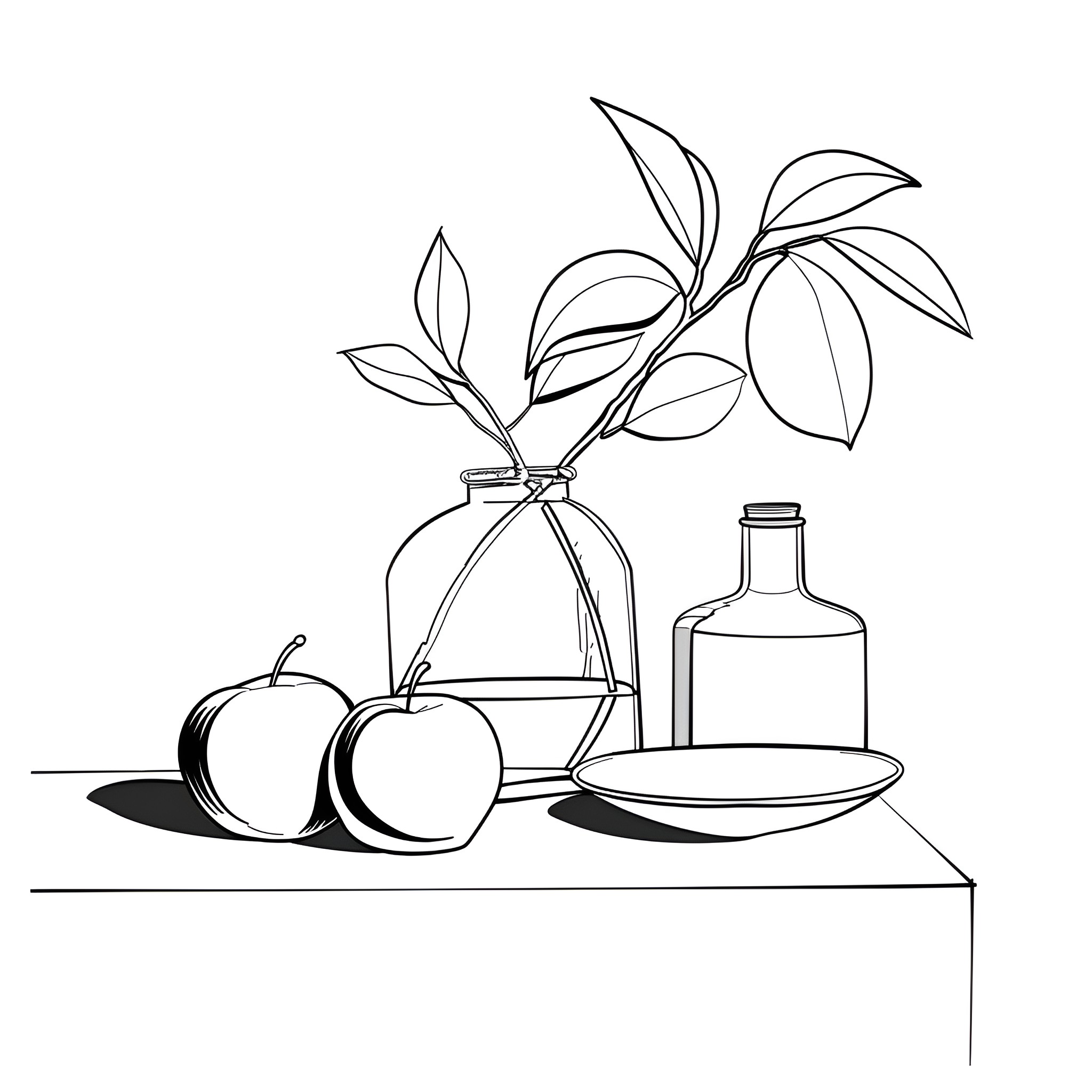 Still Life with Apples and Glass Bottle Drawing Idea (free black-and-white line drawing printable PDF for all, from beginners to advanced learners, including children, teens, adults, and seniors)