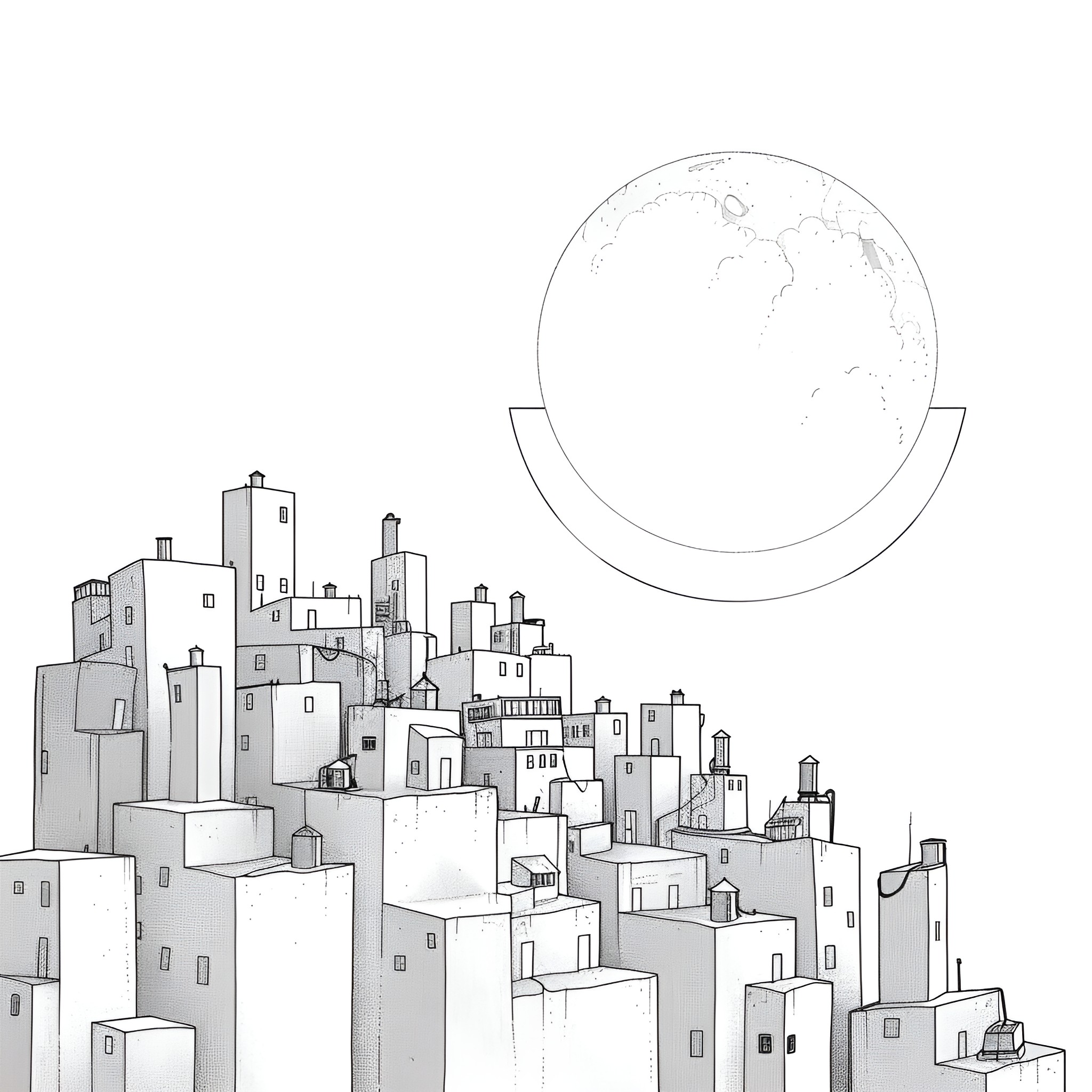 Moon rising over city skyline Drawing Idea (free black-and-white line drawing printable PDF for all, from beginners to advanced learners, including children, teens, adults, and seniors)