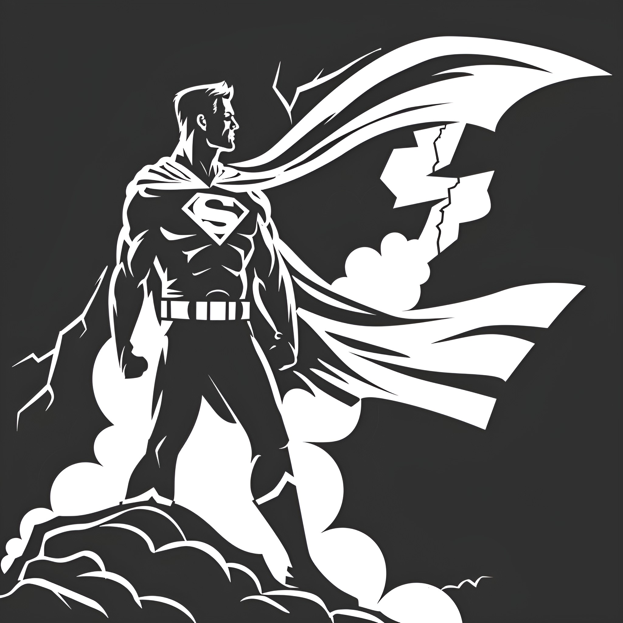 Superhero ready for action in the night sky Drawing Idea (free black-and-white line drawing printable PDF for all, from beginners to advanced learners, including children, teens, adults, and seniors)