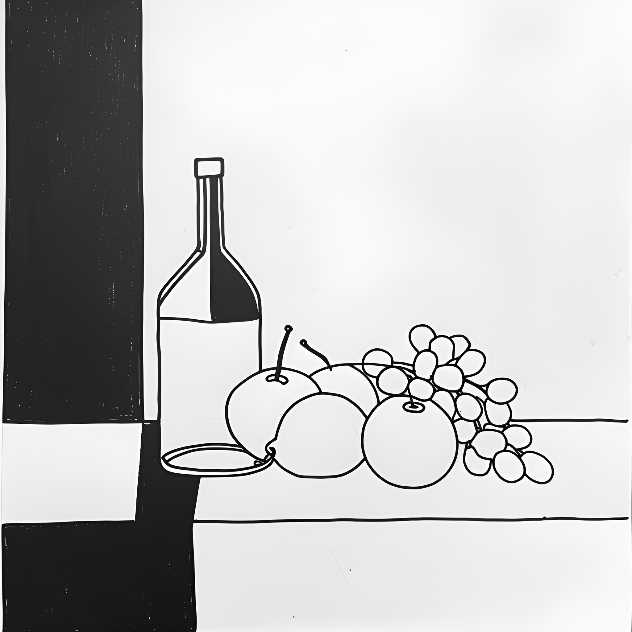 Still Life with Bottle and Fruit Drawing Idea (free black-and-white line drawing printable PDF for all, from beginners to advanced learners, including children, teens, adults, and seniors)
