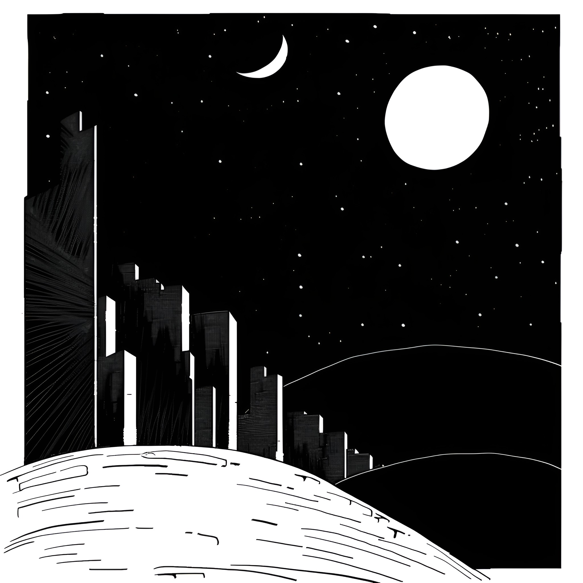 Moon silhouettes on a starry night Drawing Idea (free black-and-white line drawing printable PDF for all, from beginners to advanced learners, including children, teens, adults, and seniors)