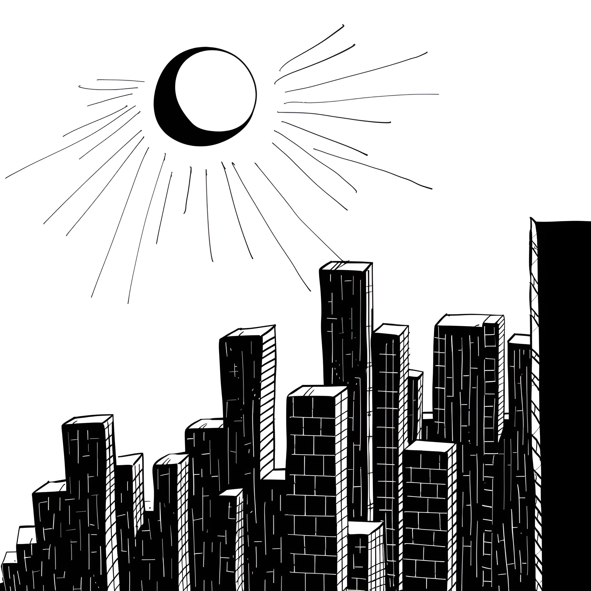 Moon illuminating the city skyline Drawing Idea (free black-and-white line drawing printable PDF for all, from beginners to advanced learners, including children, teens, adults, and seniors)