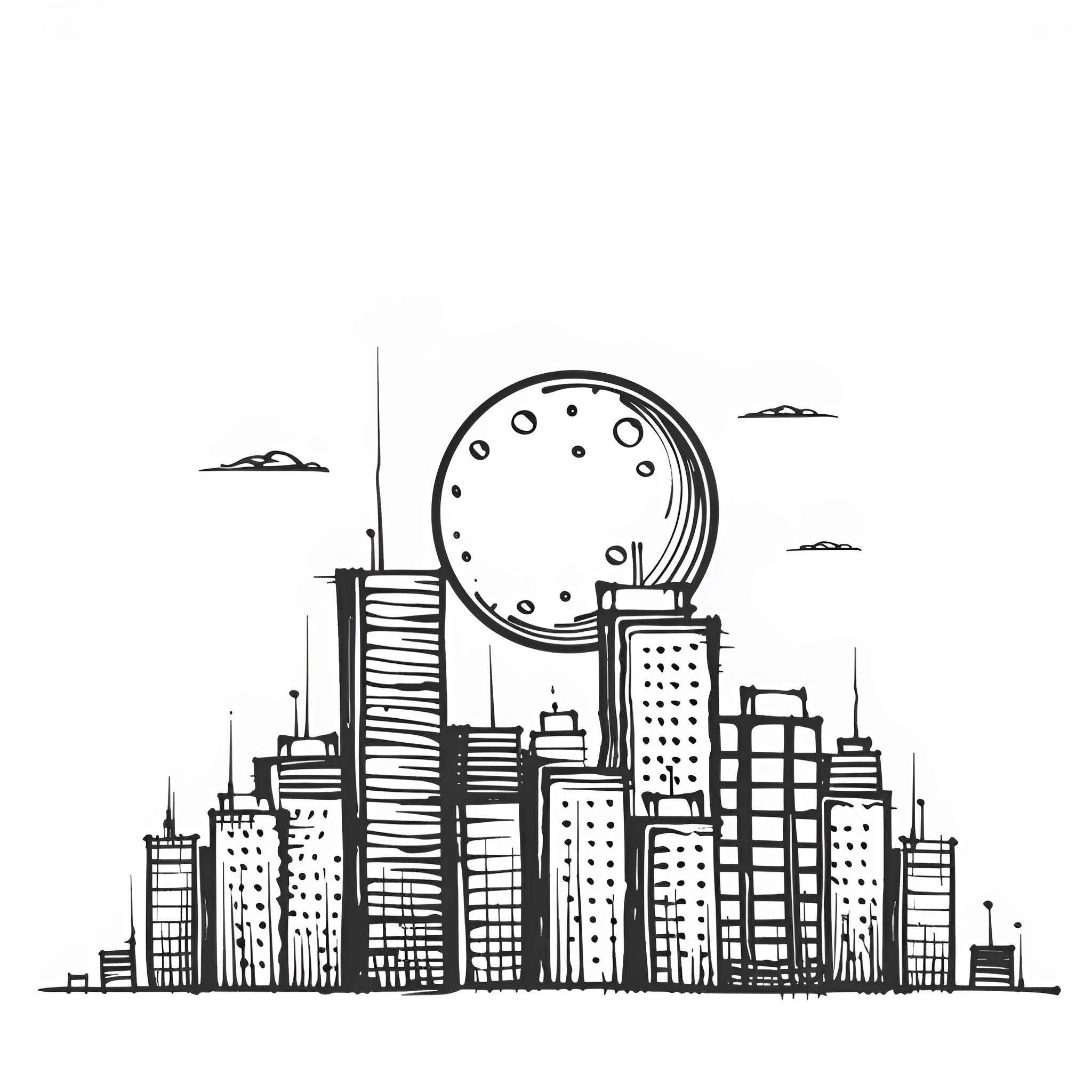 Moon over the bustling city skyline Drawing Idea (free black-and-white line drawing printable PDF for all, from beginners to advanced learners, including children, teens, adults, and seniors)