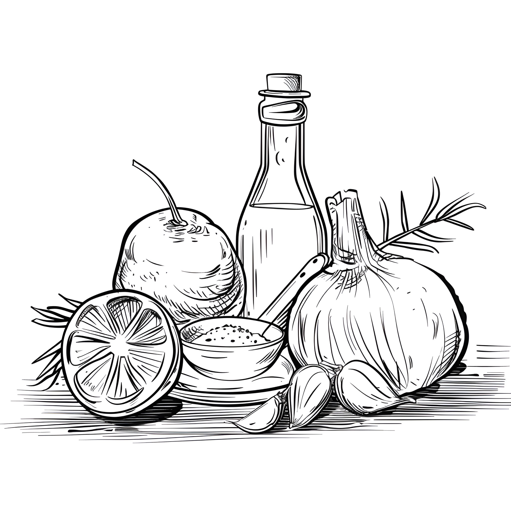 Still Life of Ingredients and Utensils Drawing Idea (free black-and-white line drawing printable PDF for all, from beginners to advanced learners, including children, teens, adults, and seniors)
