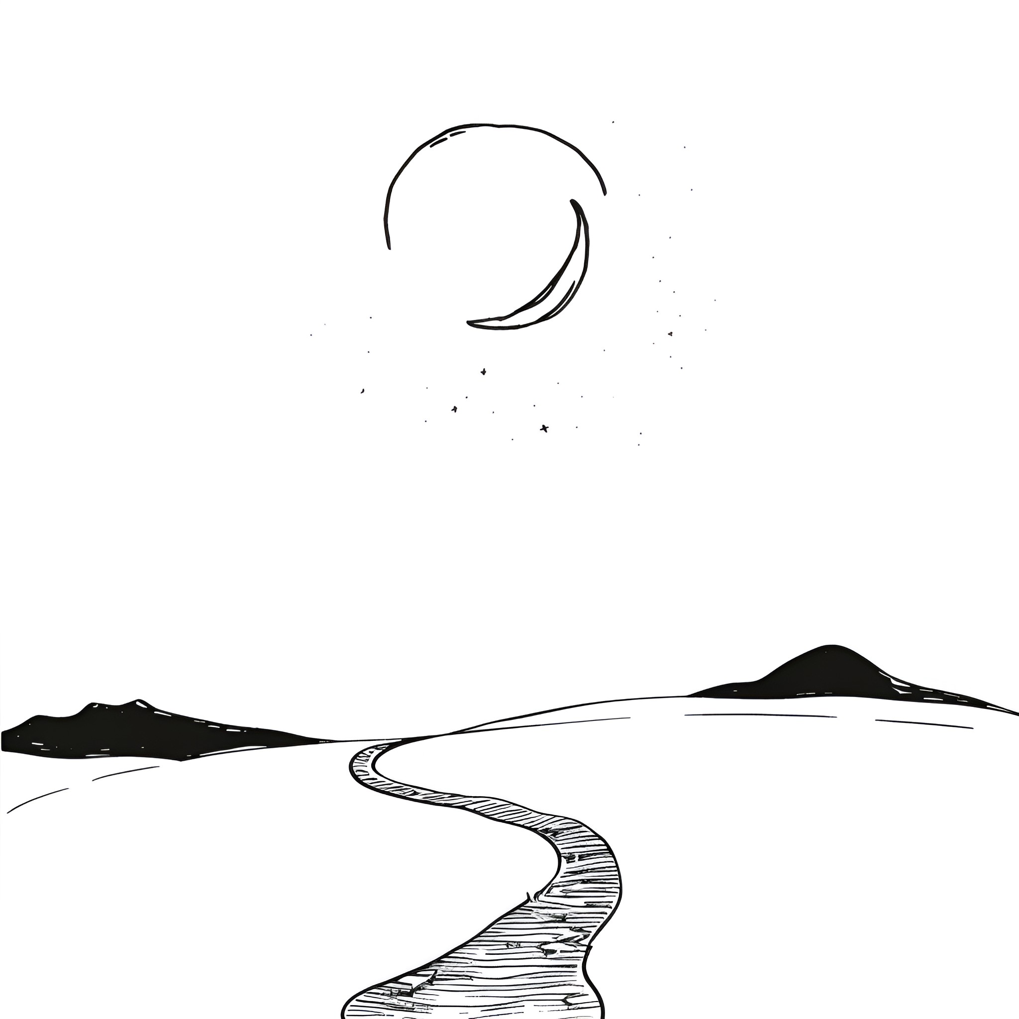 Moon over winding path Drawing Idea (free black-and-white line drawing printable PDF for all, from beginners to advanced learners, including children, teens, adults, and seniors)