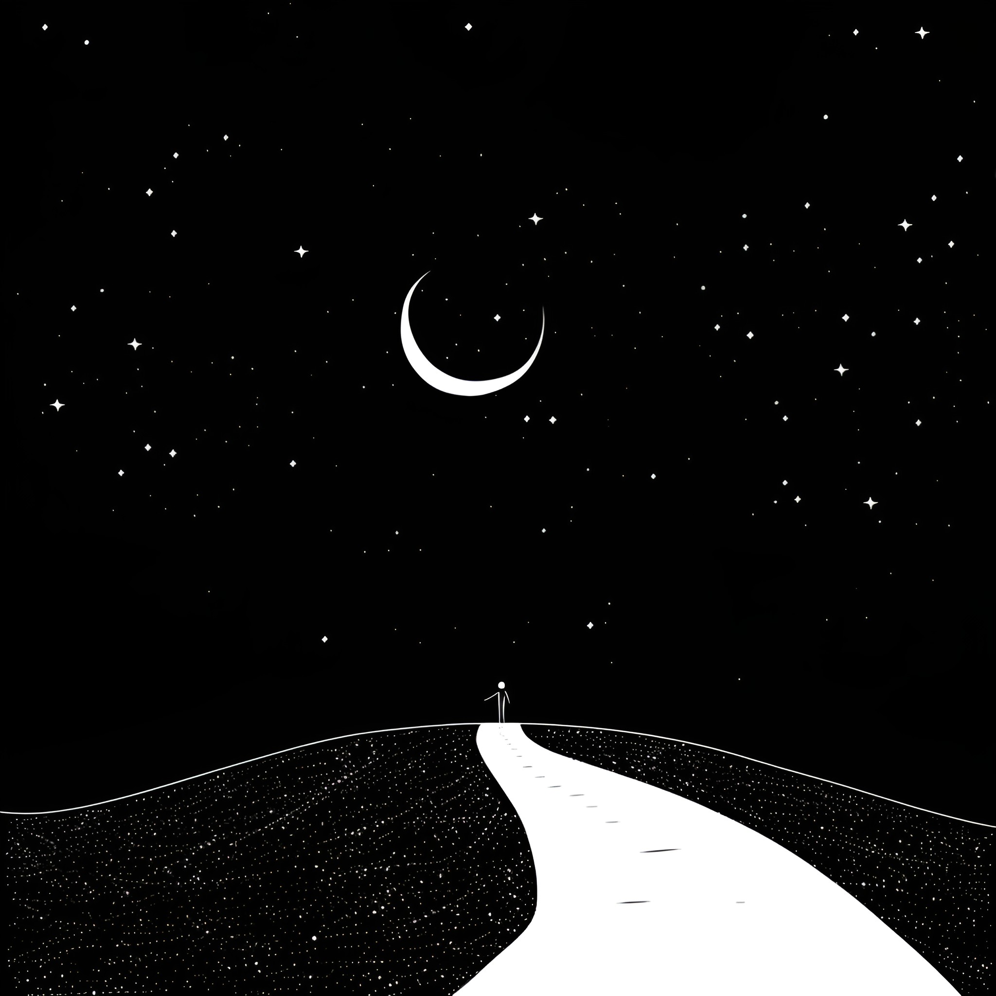 Moon shines over starry night landscape Drawing Idea (free black-and-white line drawing printable PDF for all, from beginners to advanced learners, including children, teens, adults, and seniors)