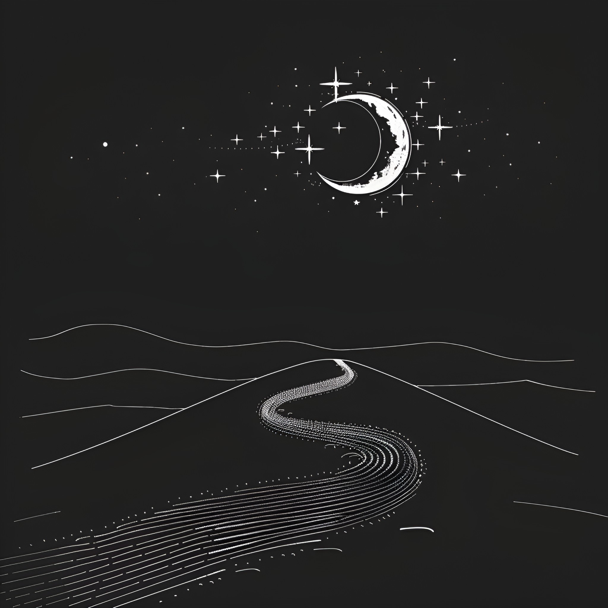 Moon shines over winding path Drawing Idea (free black-and-white line drawing printable PDF for all, from beginners to advanced learners, including children, teens, adults, and seniors)
