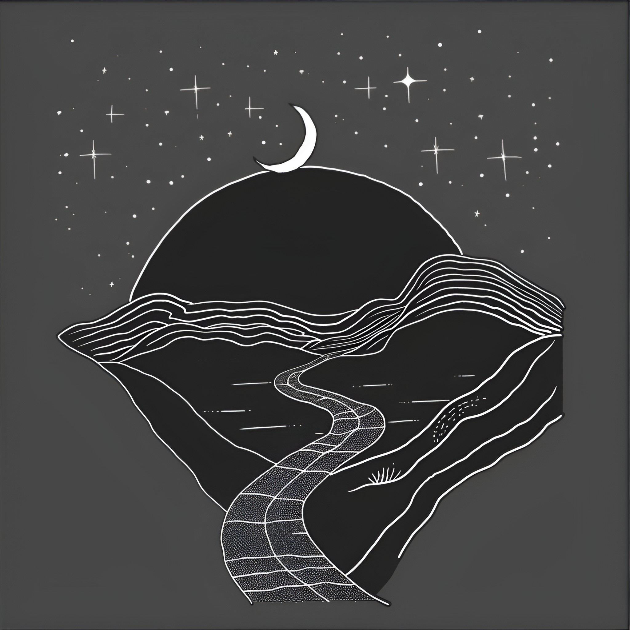 Moon journey through starry night landscape Drawing Idea (free black-and-white line drawing printable PDF for all, from beginners to advanced learners, including children, teens, adults, and seniors)